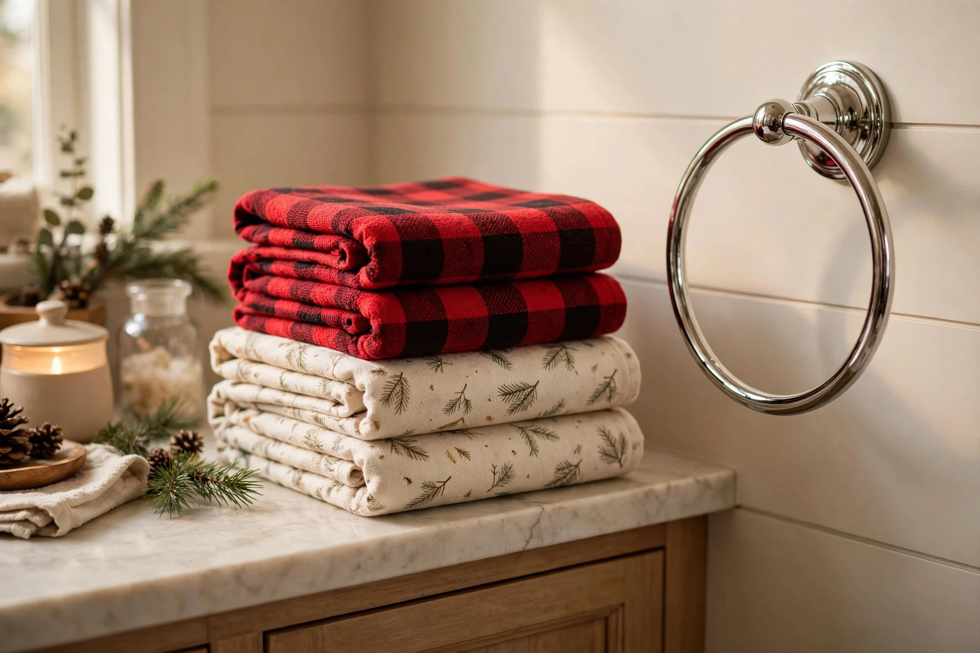 Folded Christmas hand towels in red plaid and cream with pine pattern