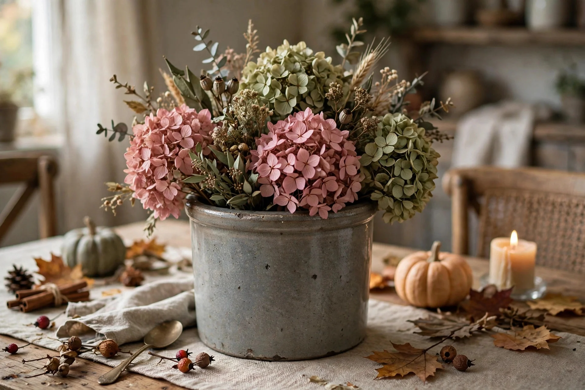Vintage stoneware crock filled with dried hydrangea blooms in dusty rose and sage green on a fall table