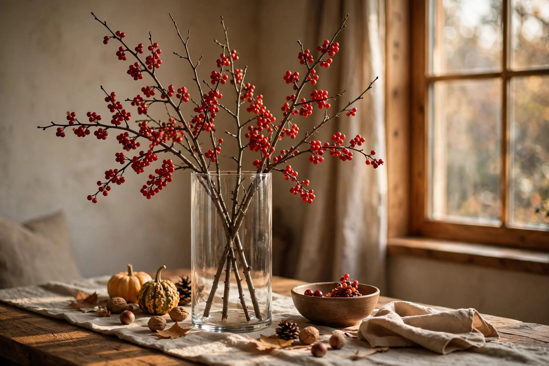 Tall glass cylinder vase holding foraged bare branches with red berries on a Thanksgiving table