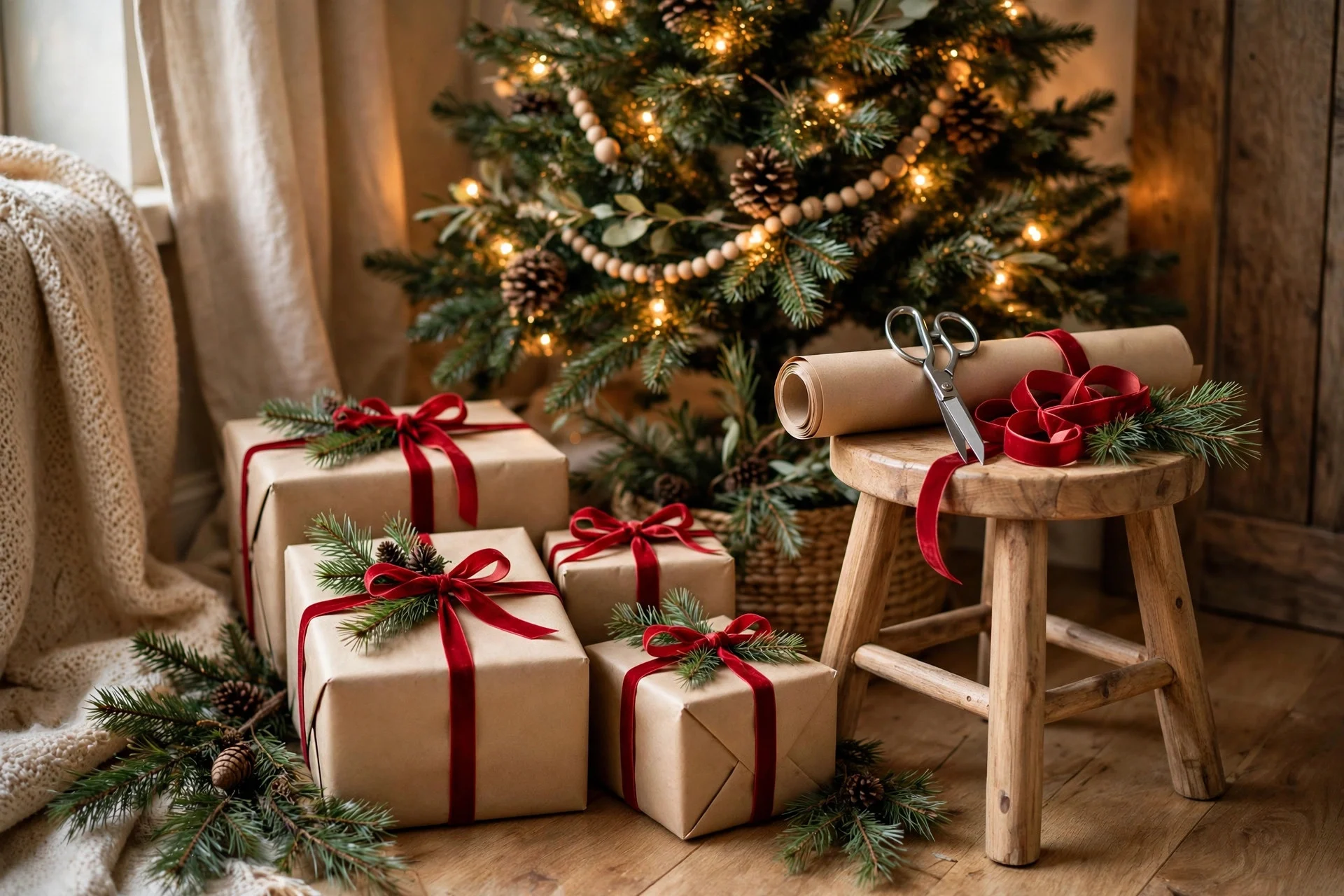 Christmas gift-wrapping vignette beside the tree with kraft paper gifts, ribbon and pine sprigs
