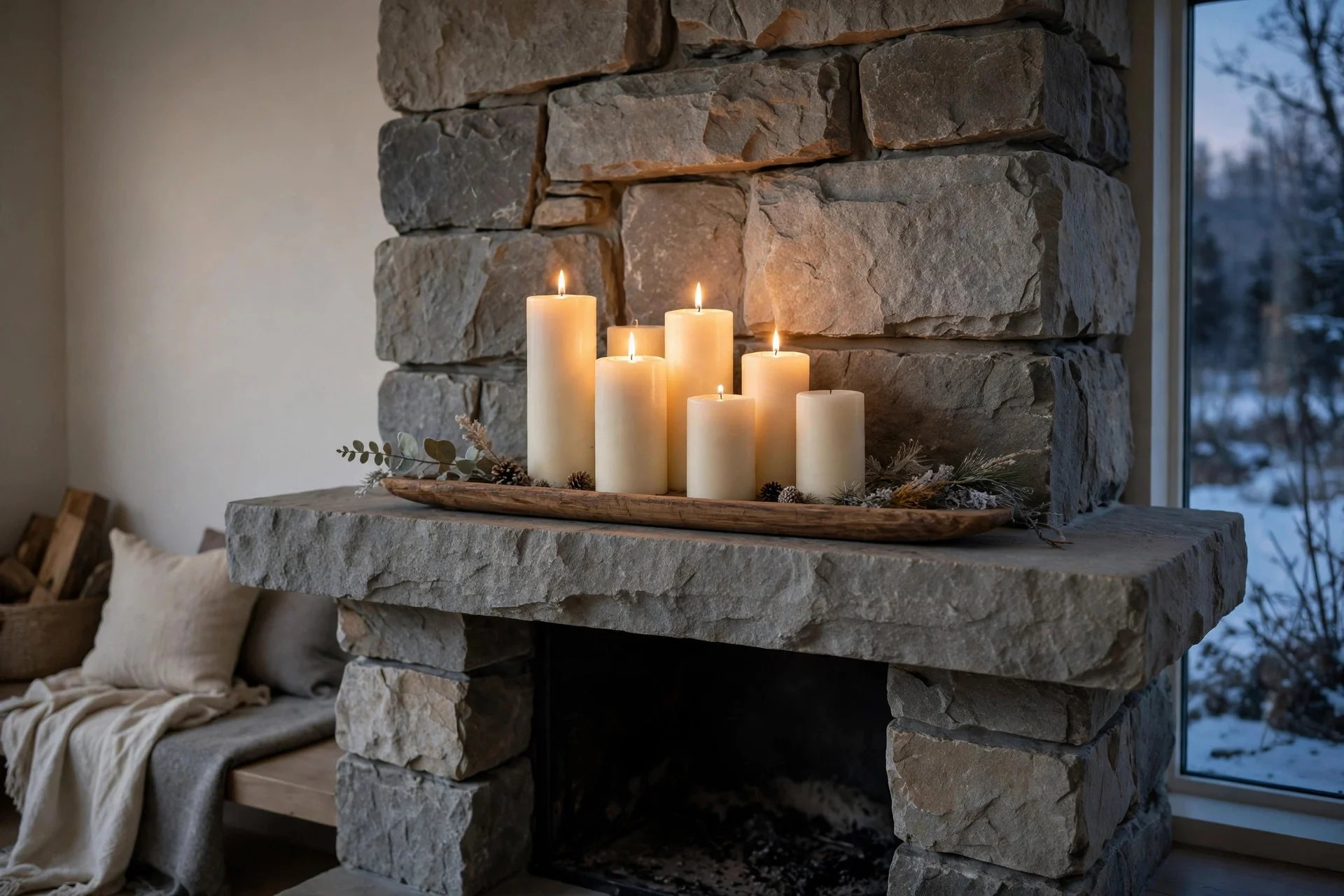 Cluster of ivory pillar candles of varying heights on a stone mantel