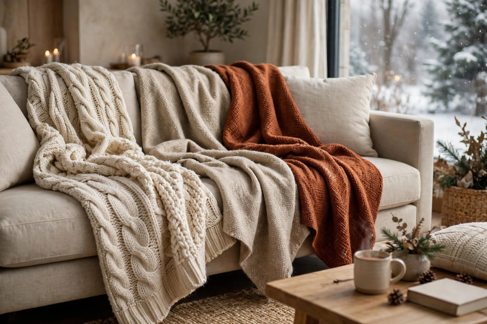 Sofa layered with three textured throws in cream, oatmeal and rust for winter cosiness