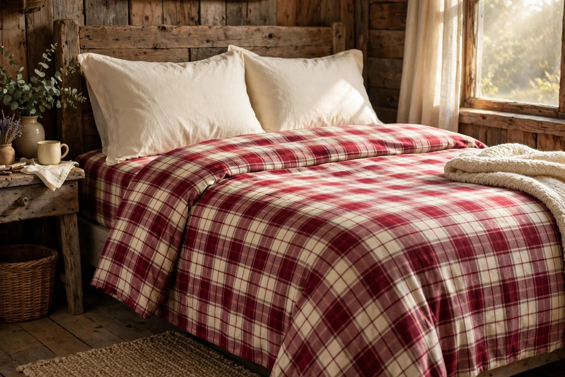 Bed dressed in cranberry and cream plaid flannel bedding