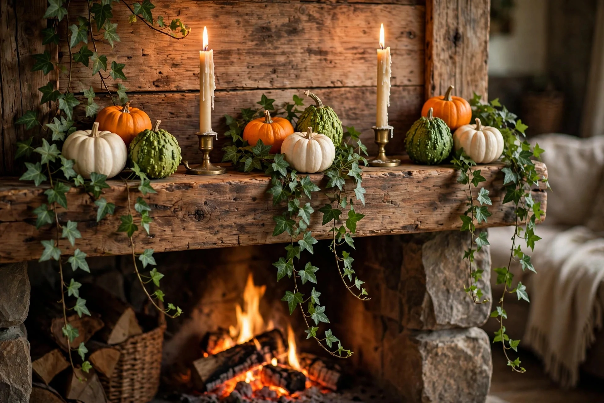 Clusters of real pumpkins and gourds in groups of three arranged along a wooden fireplace mantel