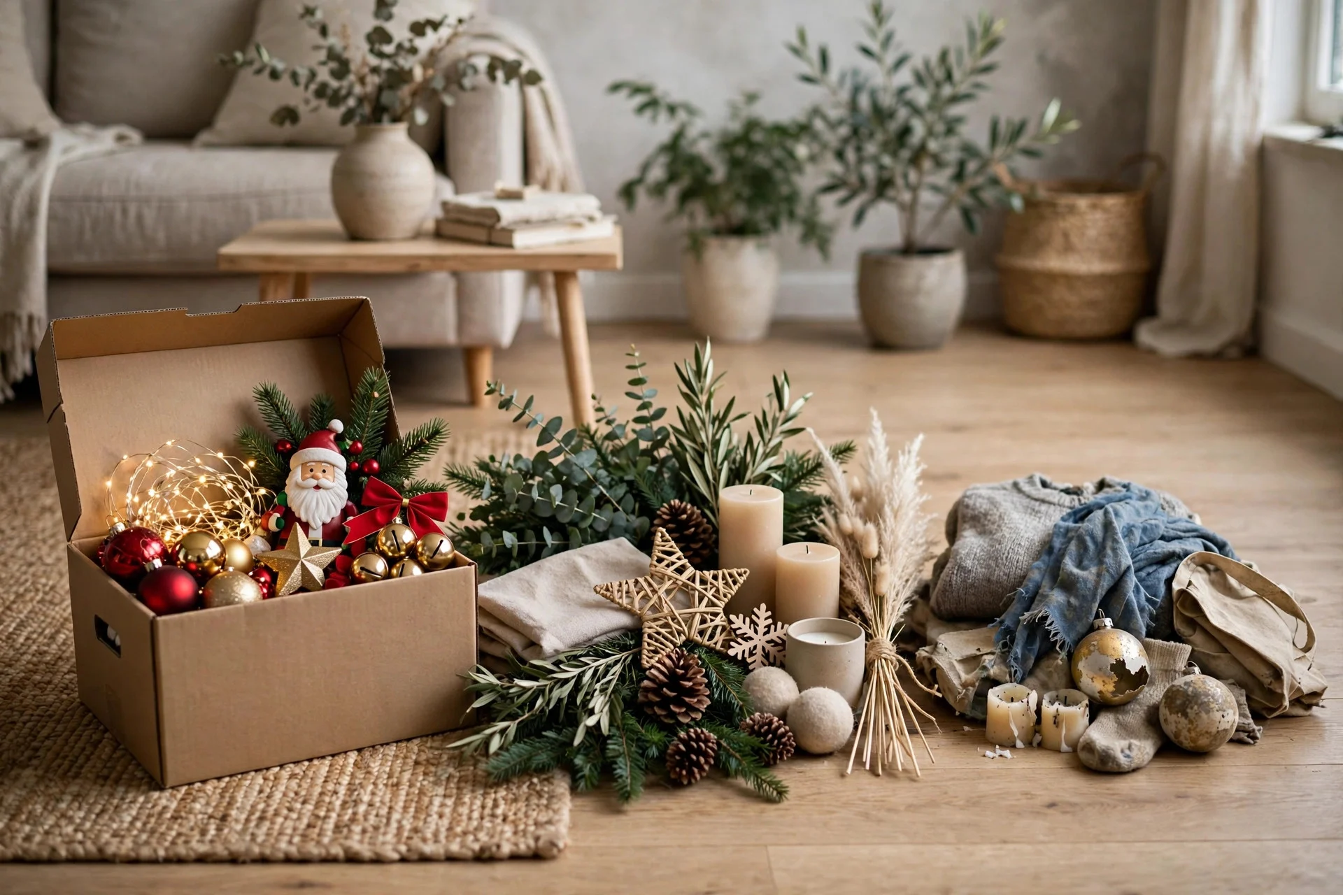 Holiday decorations sorted into three groups on a living room floor