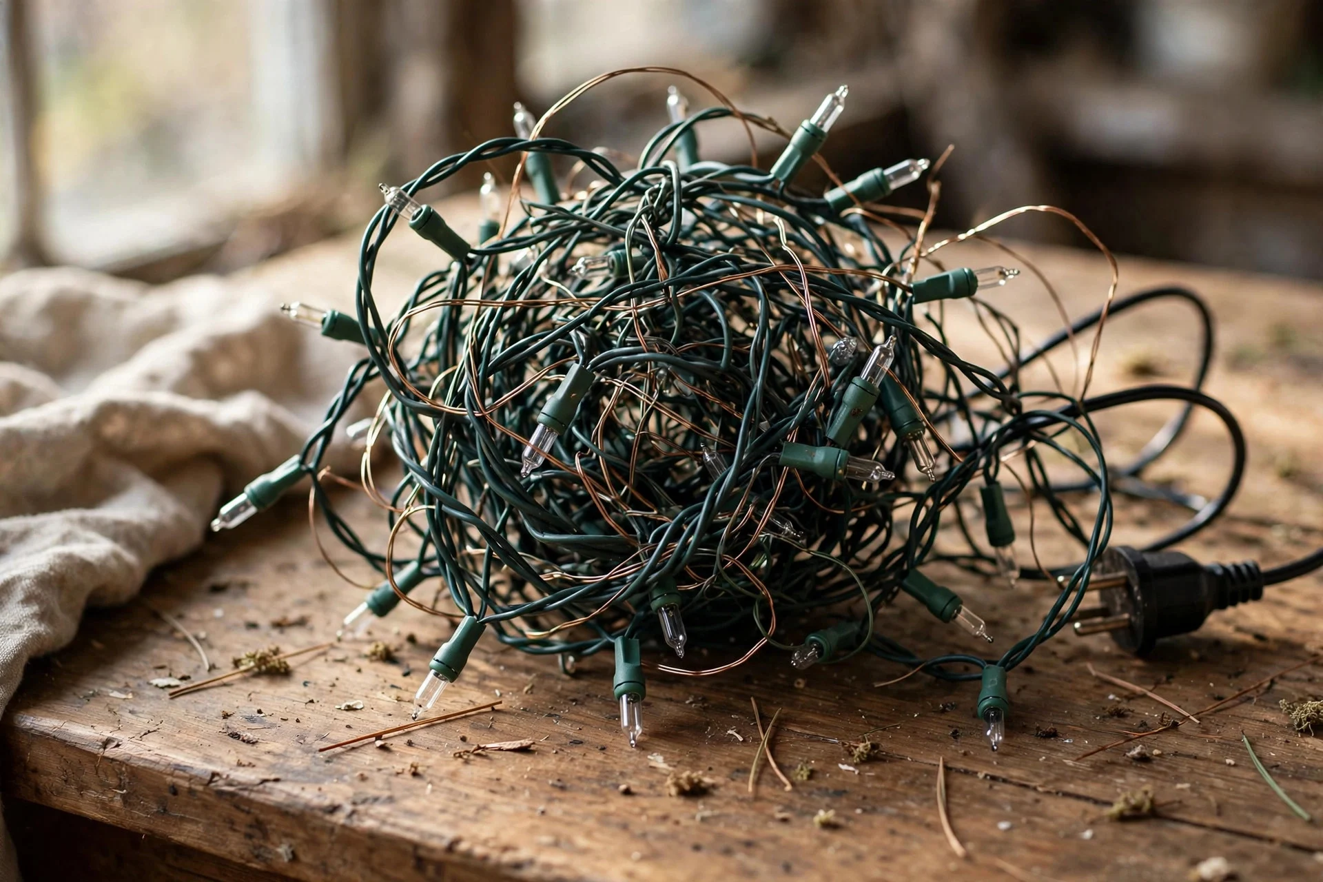 Tangled ball of Christmas fairy lights with knotted wires on a table