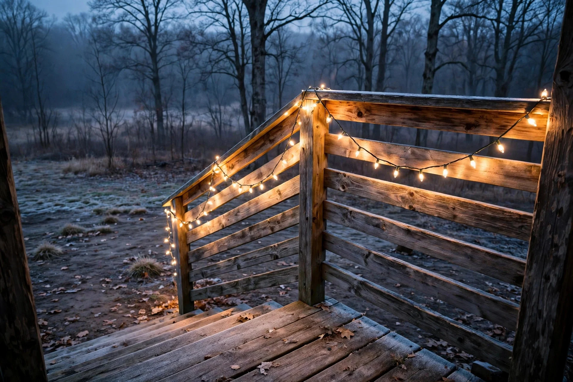 Warm white outdoor string lights draped along a porch railing in winter with no holiday decorations