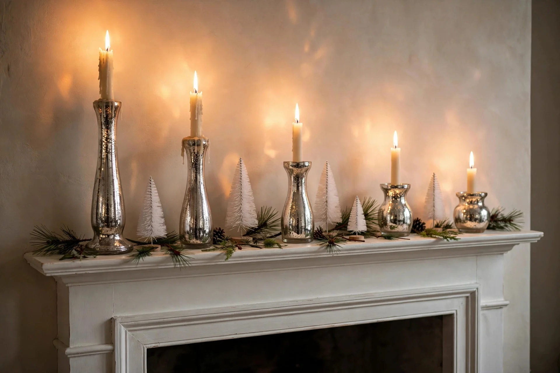 White mantel styled with mercury glass candle holders reflecting warm candlelight