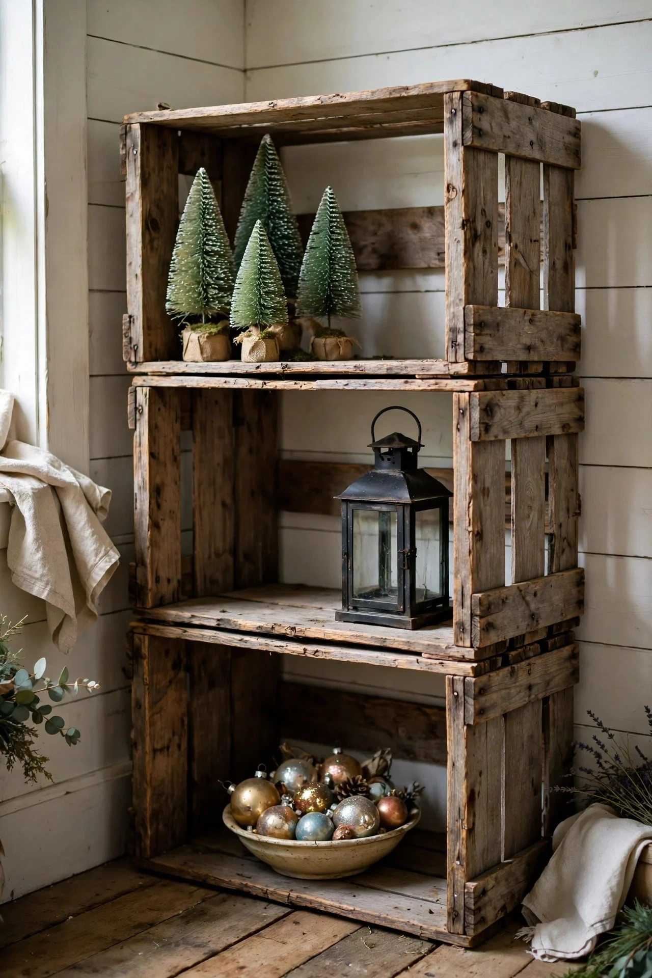 Stacked wooden crates styled with Christmas greenery, ornaments and candles in a farmhouse corner