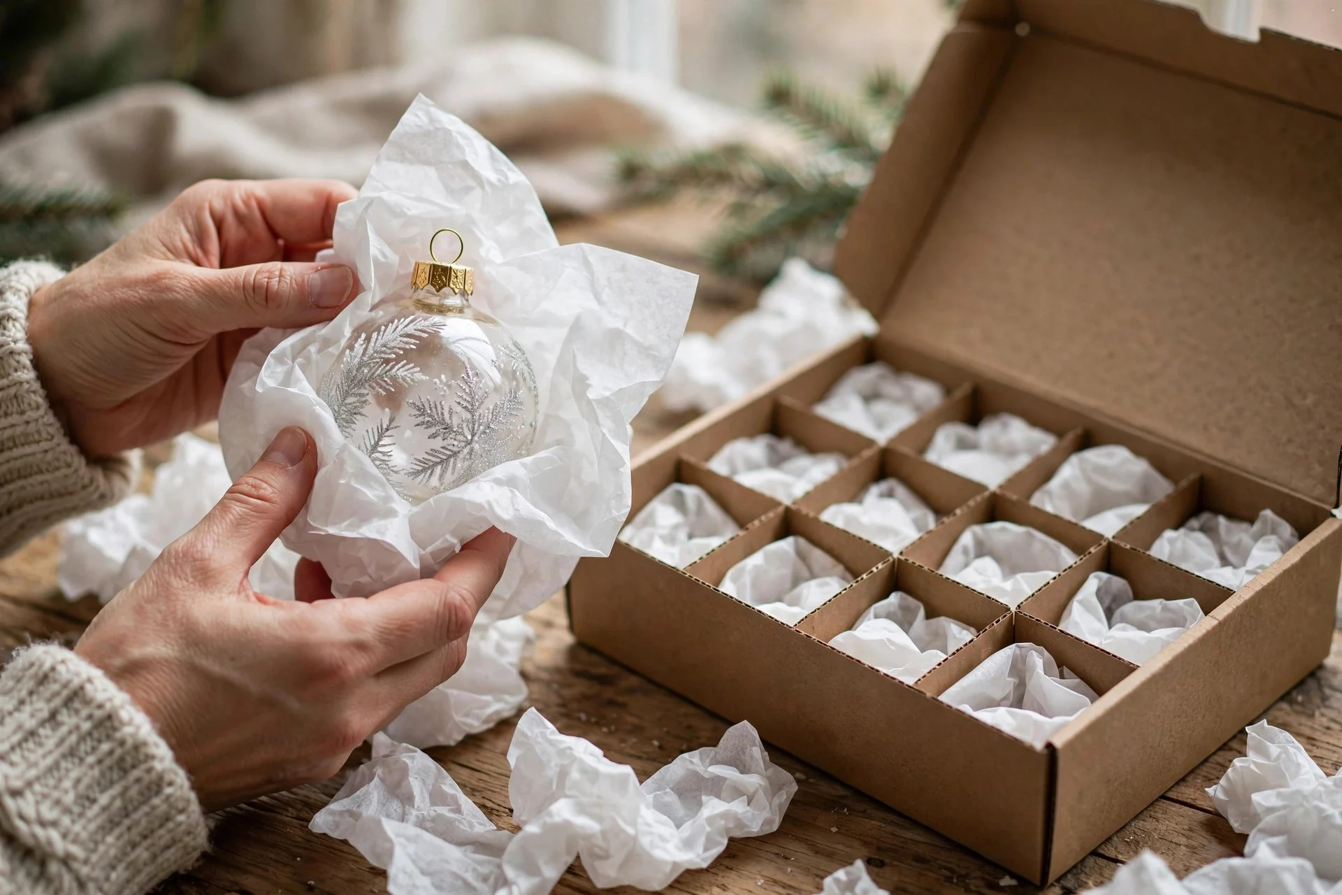 Hands wrapping a fragile glass Christmas ornament in white tissue paper beside a storage box