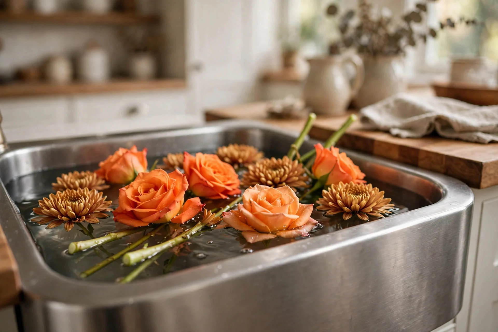 Flower stems with fresh angled cuts soaking in a kitchen sink of warm water