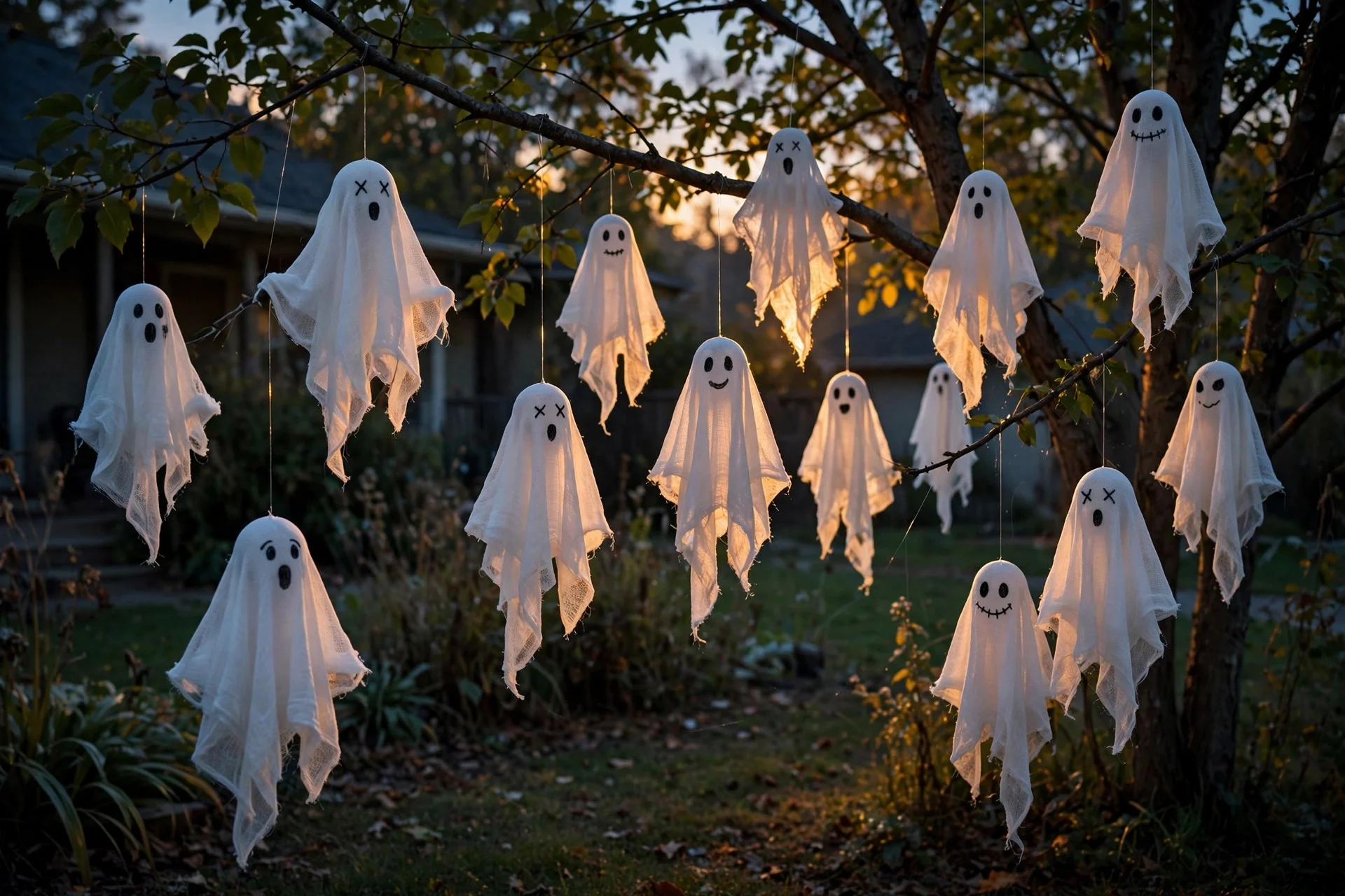 White cheesecloth ghosts suspended by fishing line from tree branches in a front yard, glowing faintly at twilight
