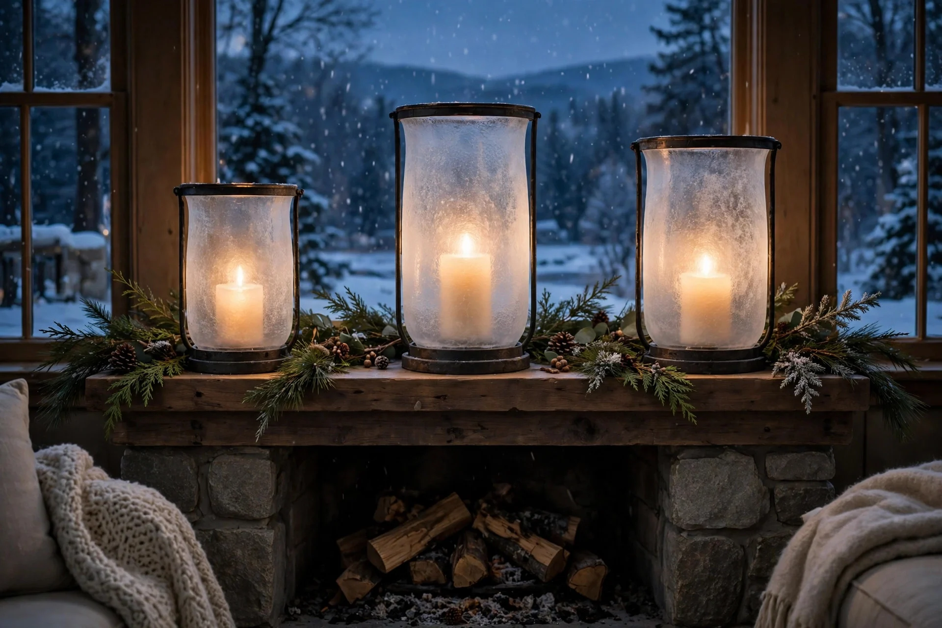 Frosted glass hurricane lanterns with candles glowing on a winter mantel