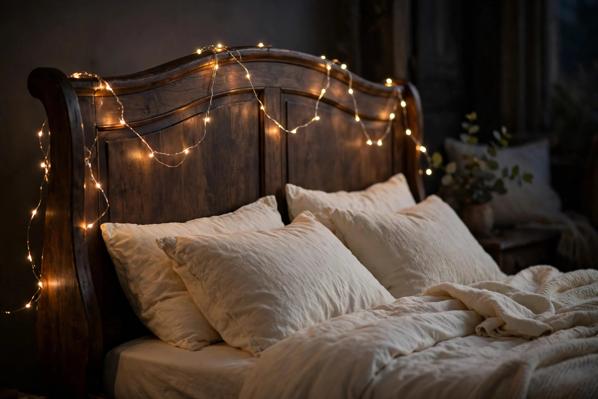Warm fairy lights draped over a wooden sleigh headboard