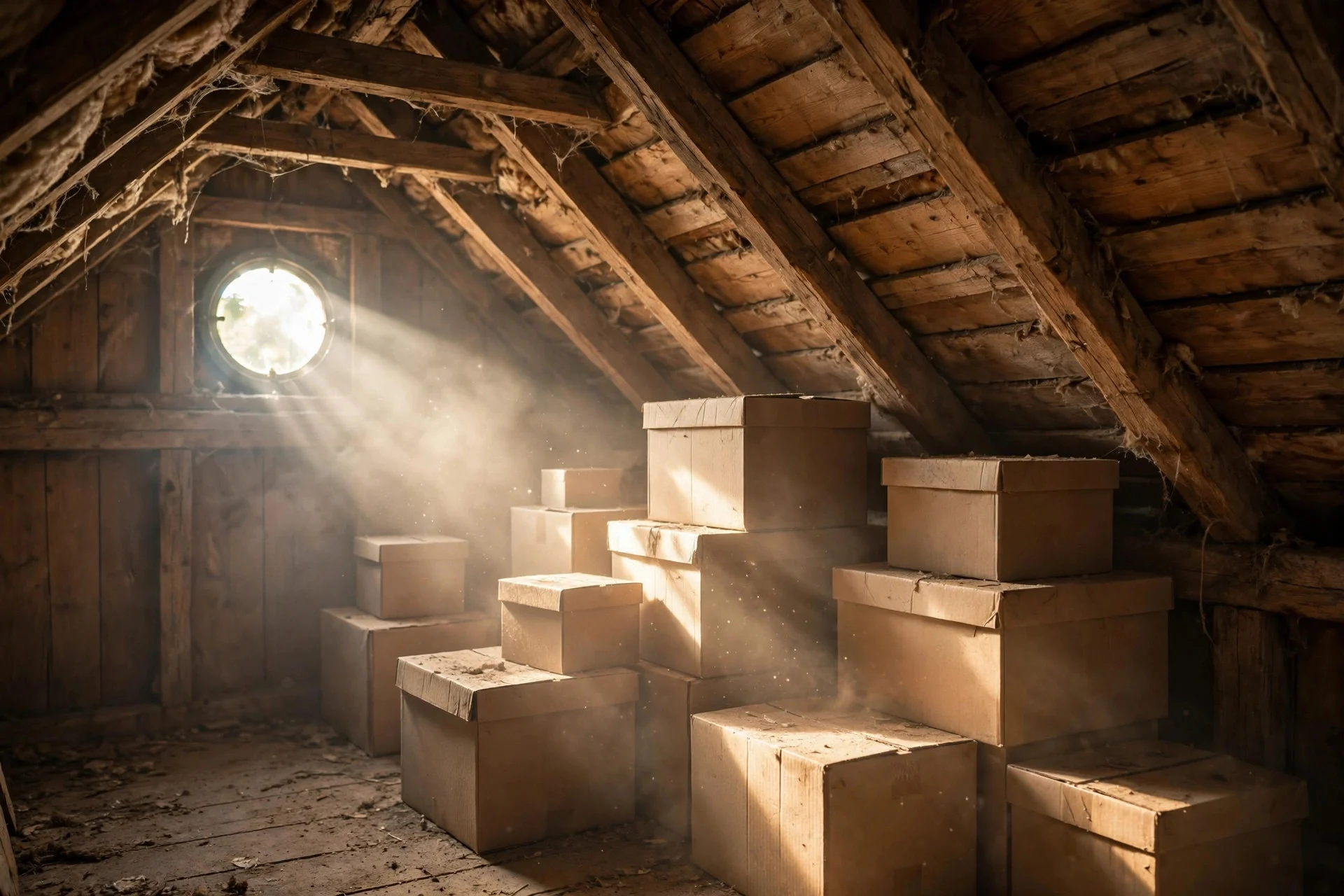 Storage boxes in a hot dusty attic with sunlight streaming through a small window