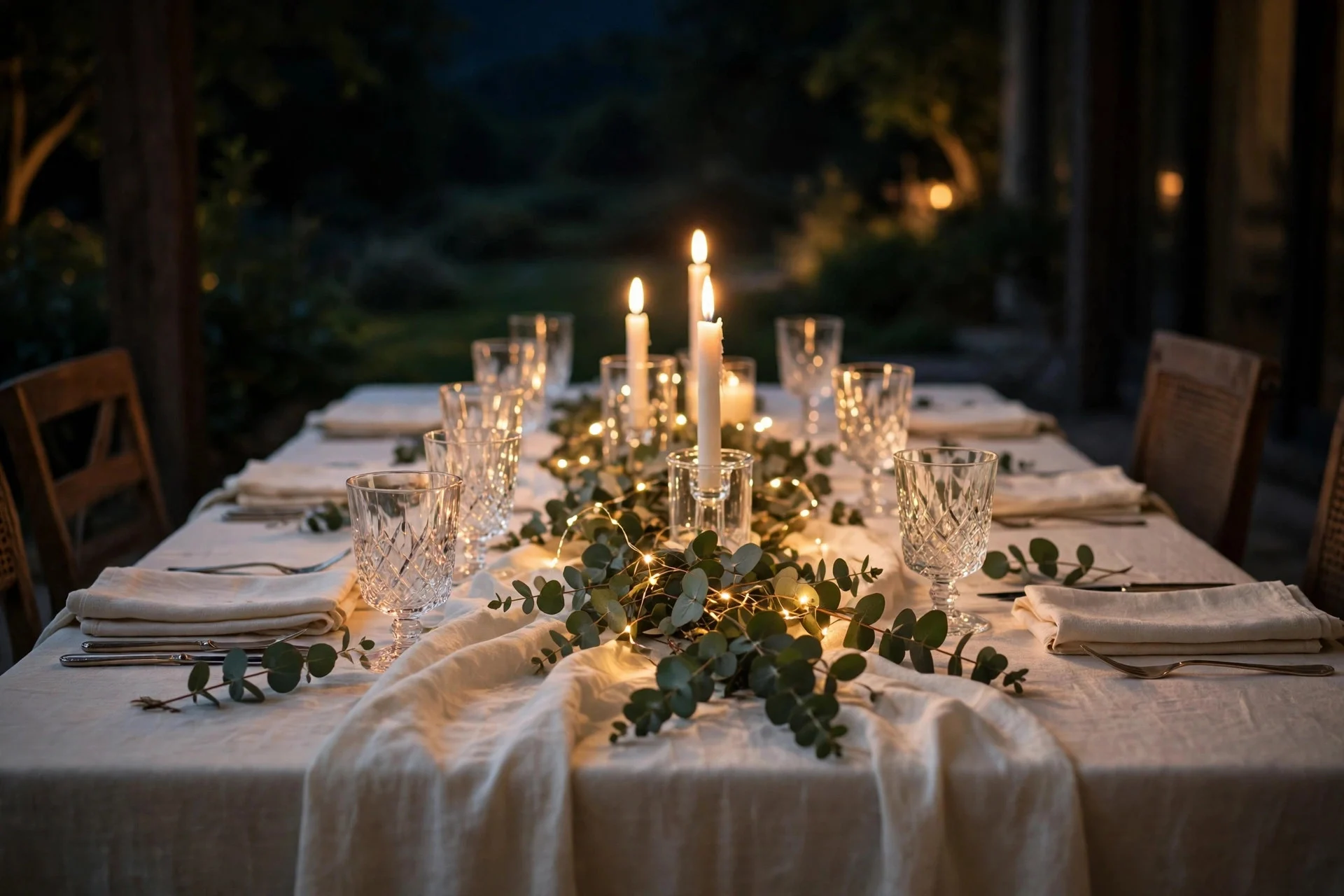 Ivory Christmas dining table with a fairy-light and greenery centerpiece glowing at night
