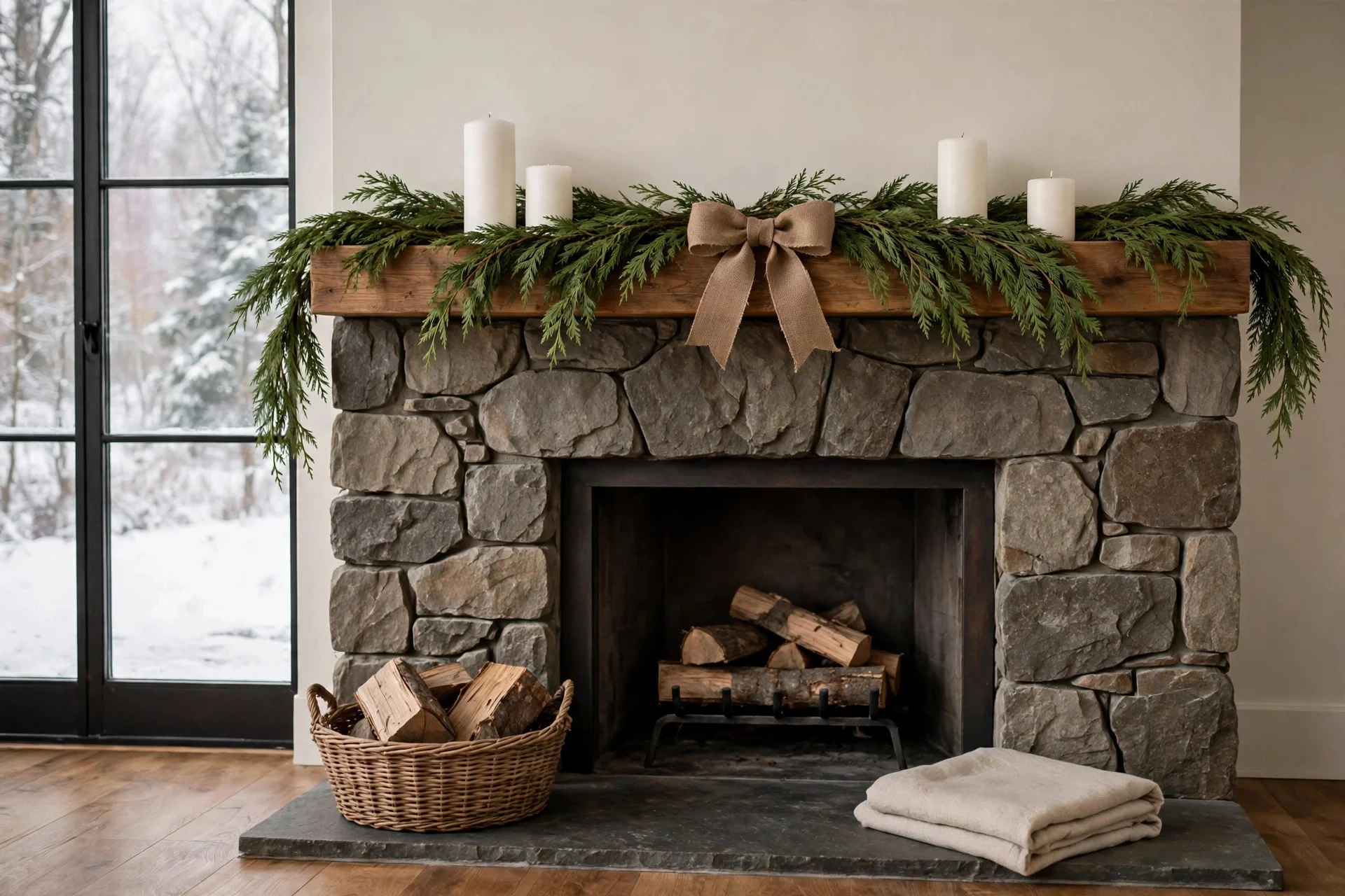 Evergreen garland and wreath without Christmas ornaments on a winter mantel