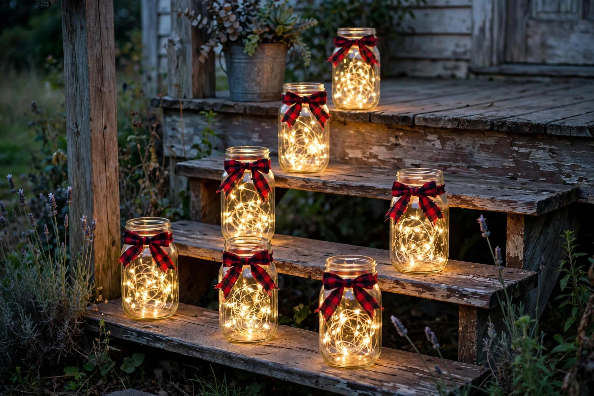 Mason jars filled with fairy lights lining a farmhouse porch at dusk