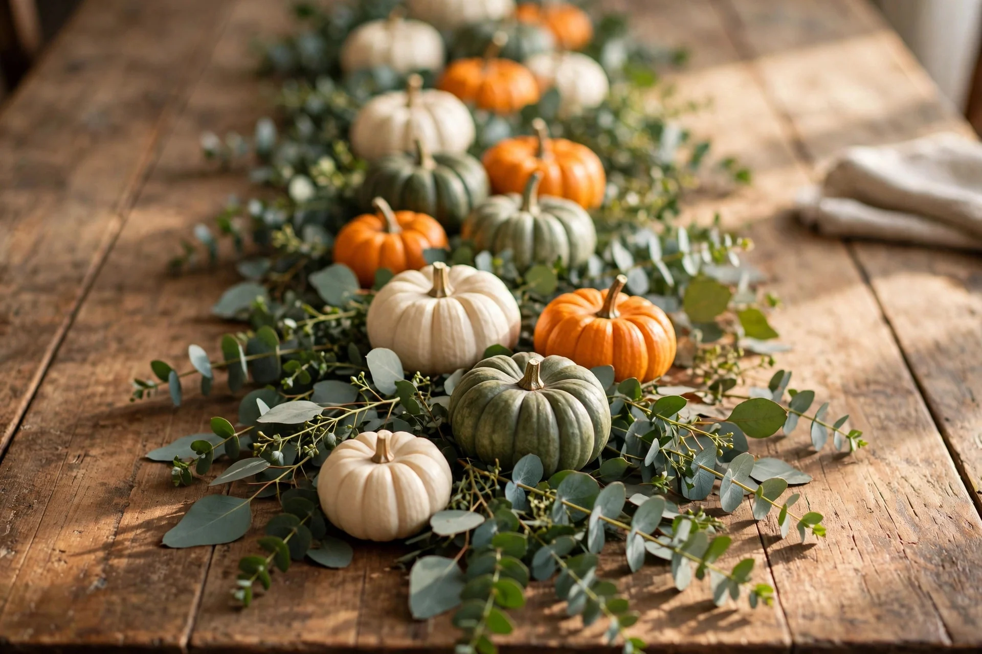 Thanksgiving table runner of mini pumpkins and eucalyptus sprigs down the center of a wooden table