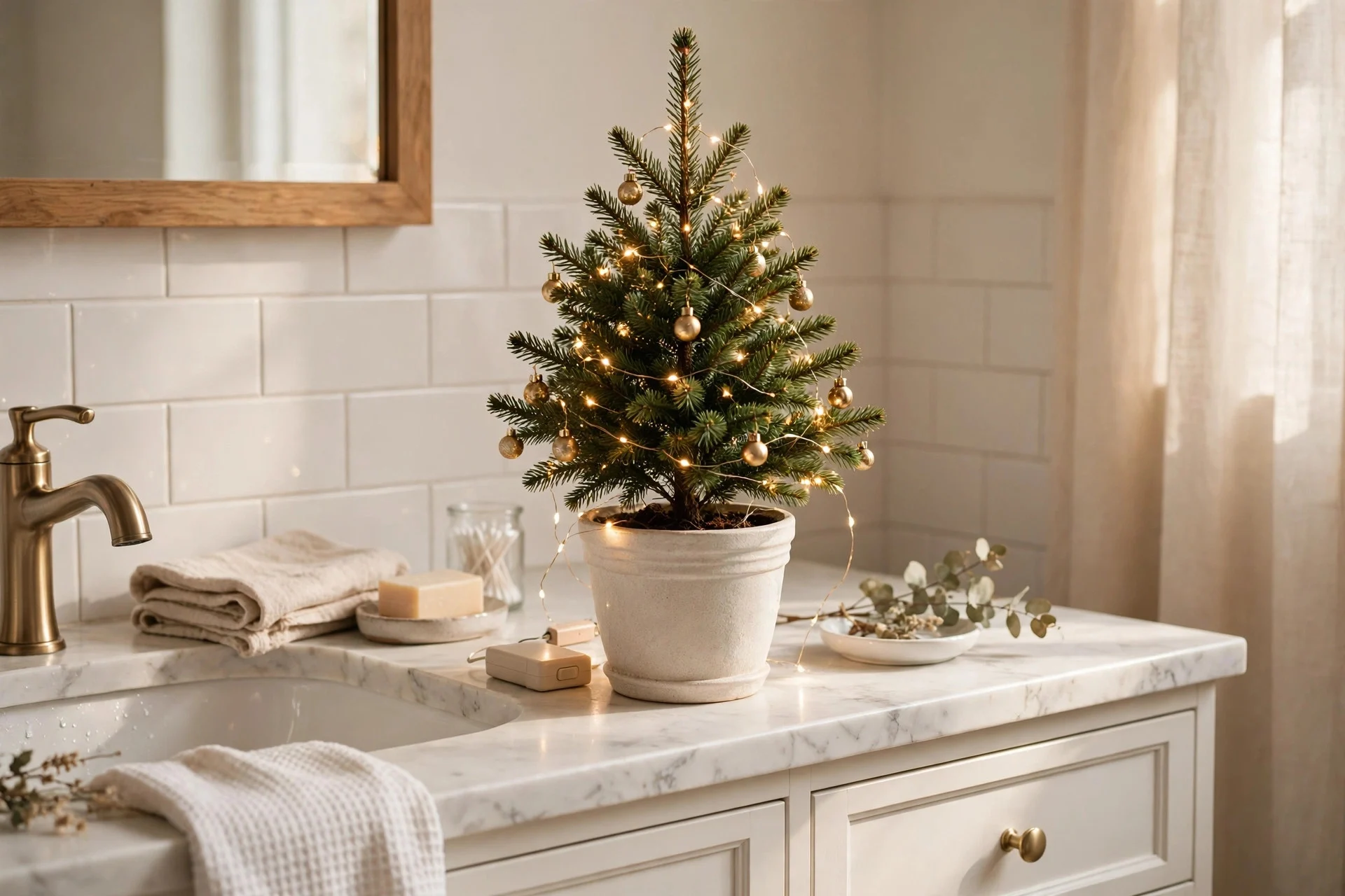 Small potted Christmas tree with tiny ornaments on a bathroom vanity