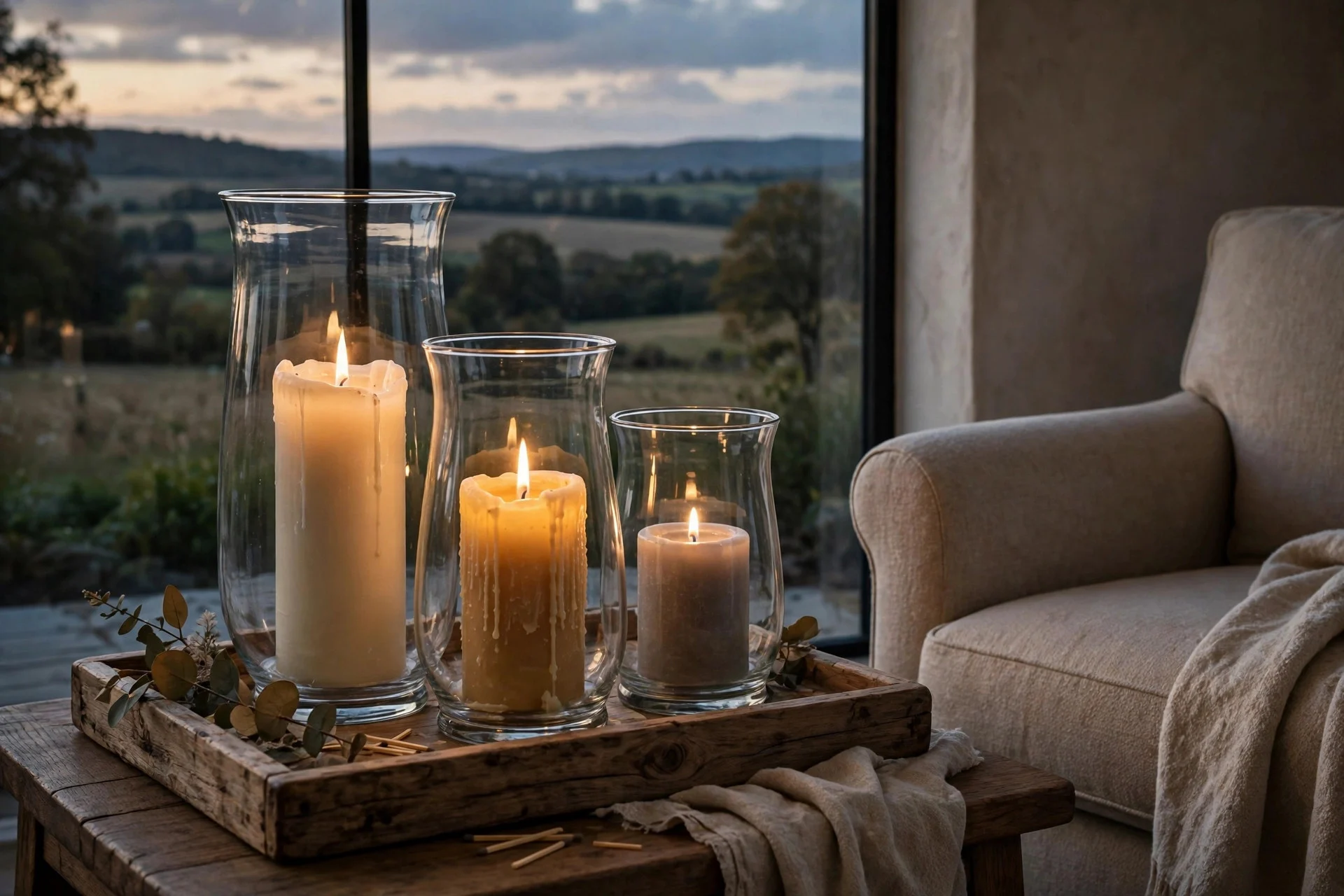 Cluster of ivory and beeswax candles in glass hurricanes on a wooden tray, styled for winter