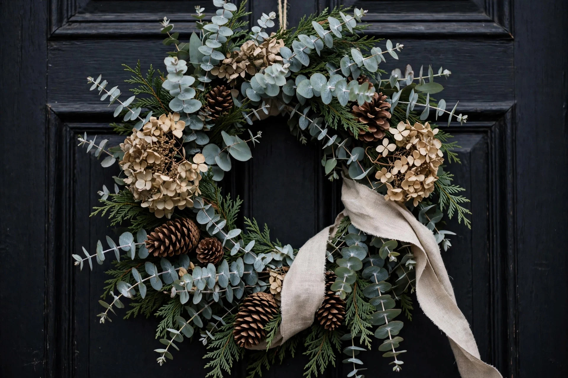 Eucalyptus and cedar winter wreath with pinecones on a front door, no holiday decorations