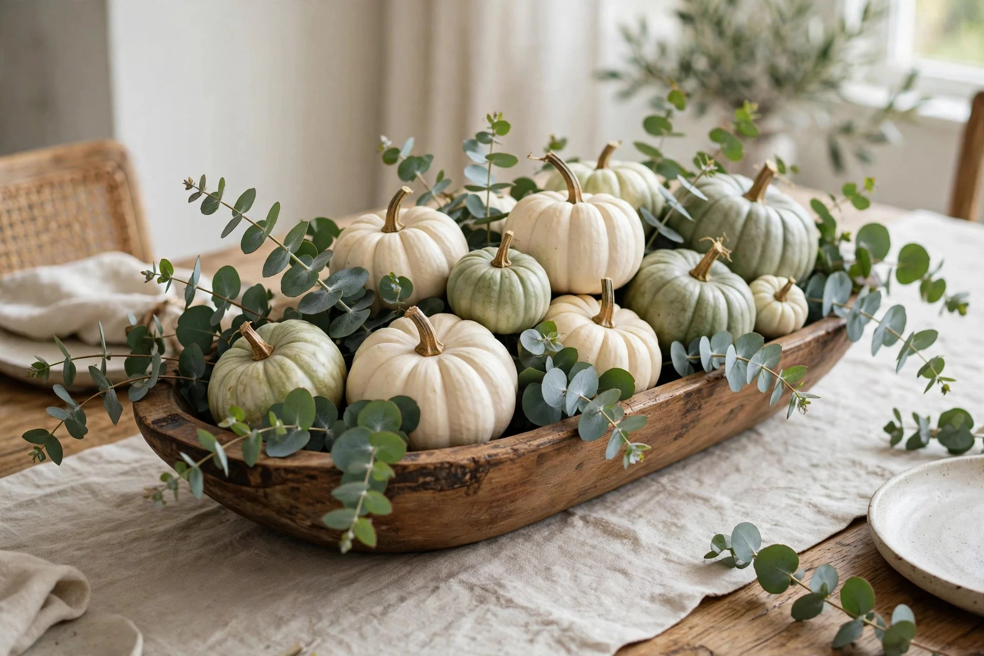 Real white and green pumpkins nestled among silver-dollar eucalyptus sprigs in a wooden dough bowl