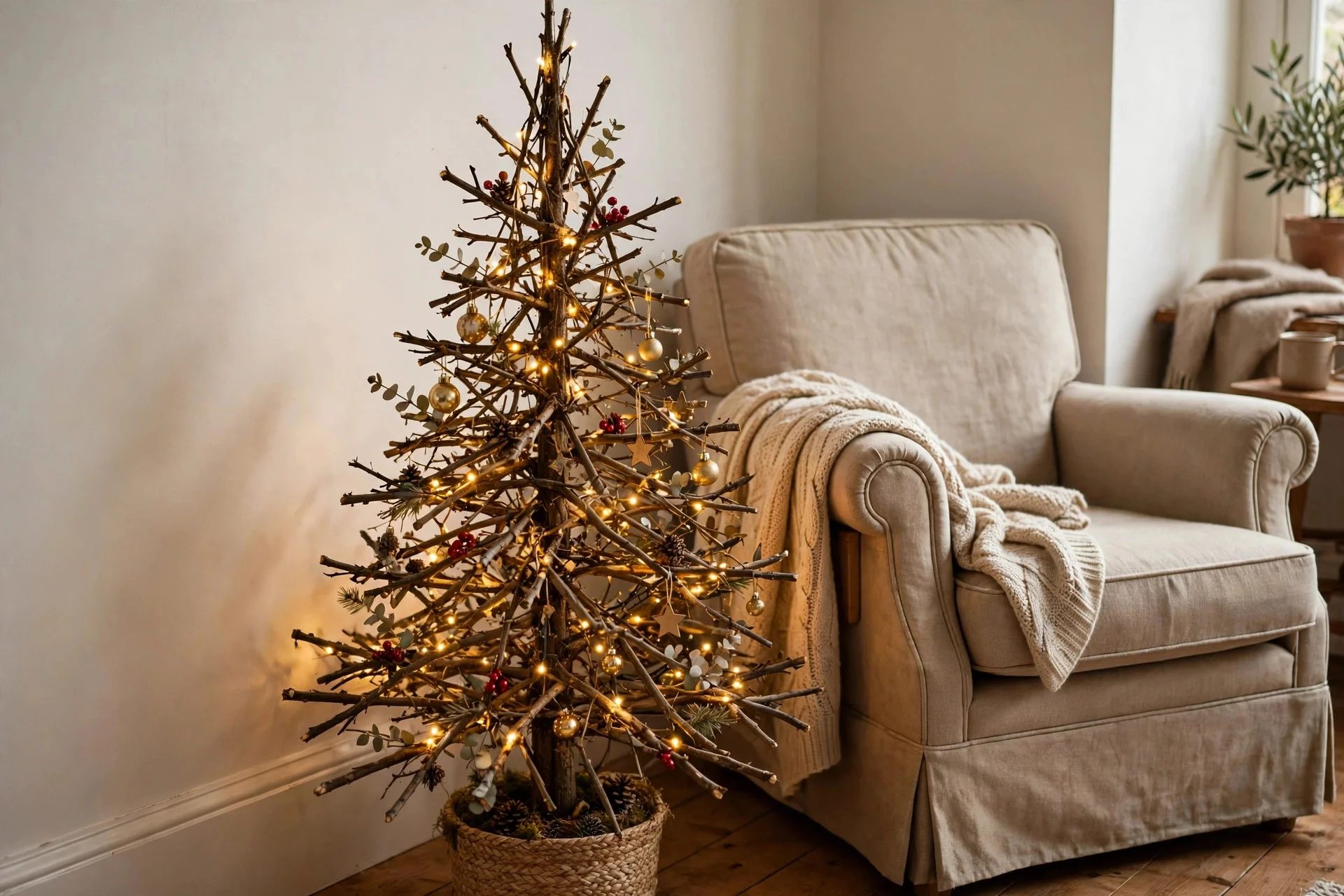 Rustic twig Christmas tree decorated with fairy lights tucked into a living room corner