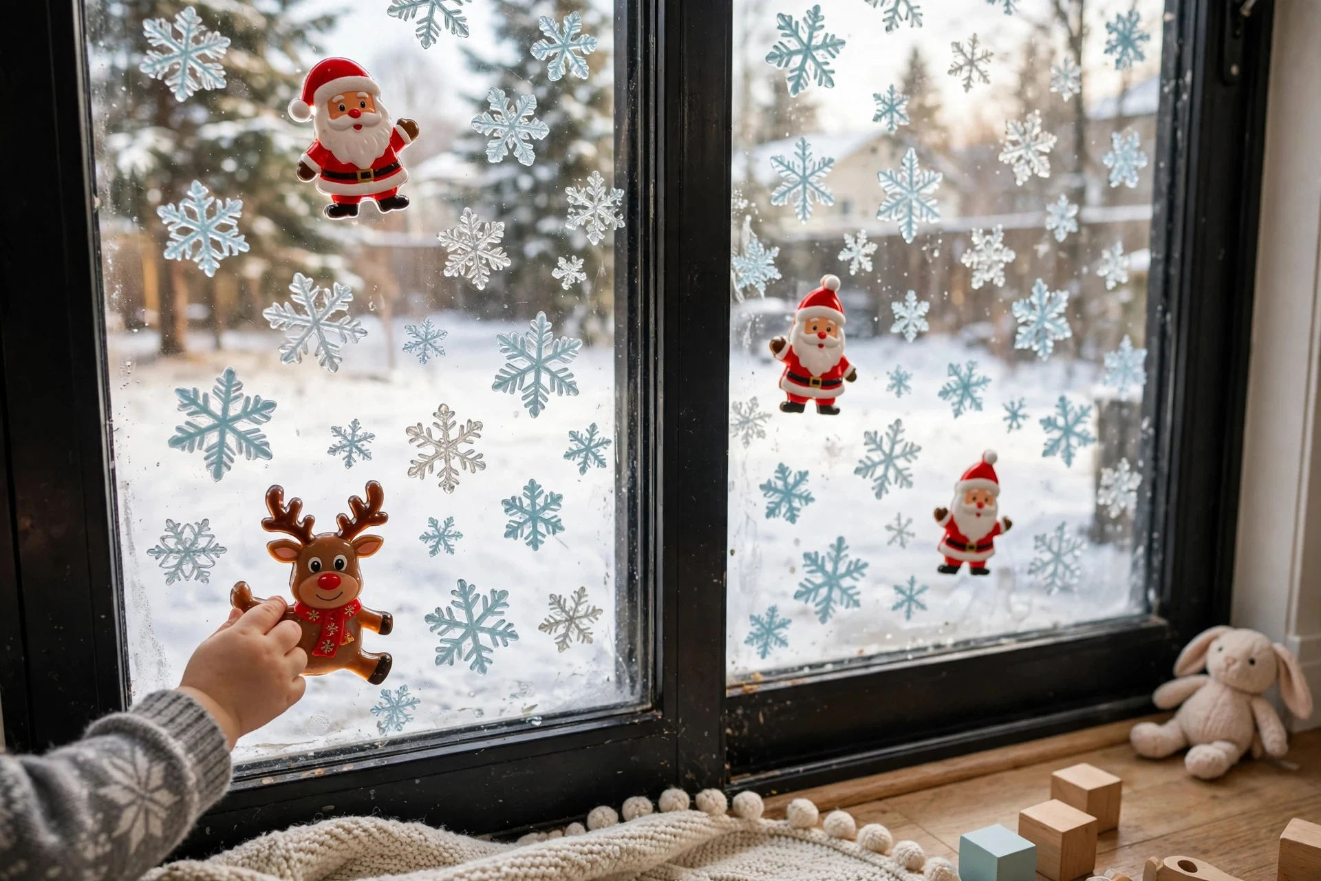 Christmas window gel clings on a glass door with a toddler placing them