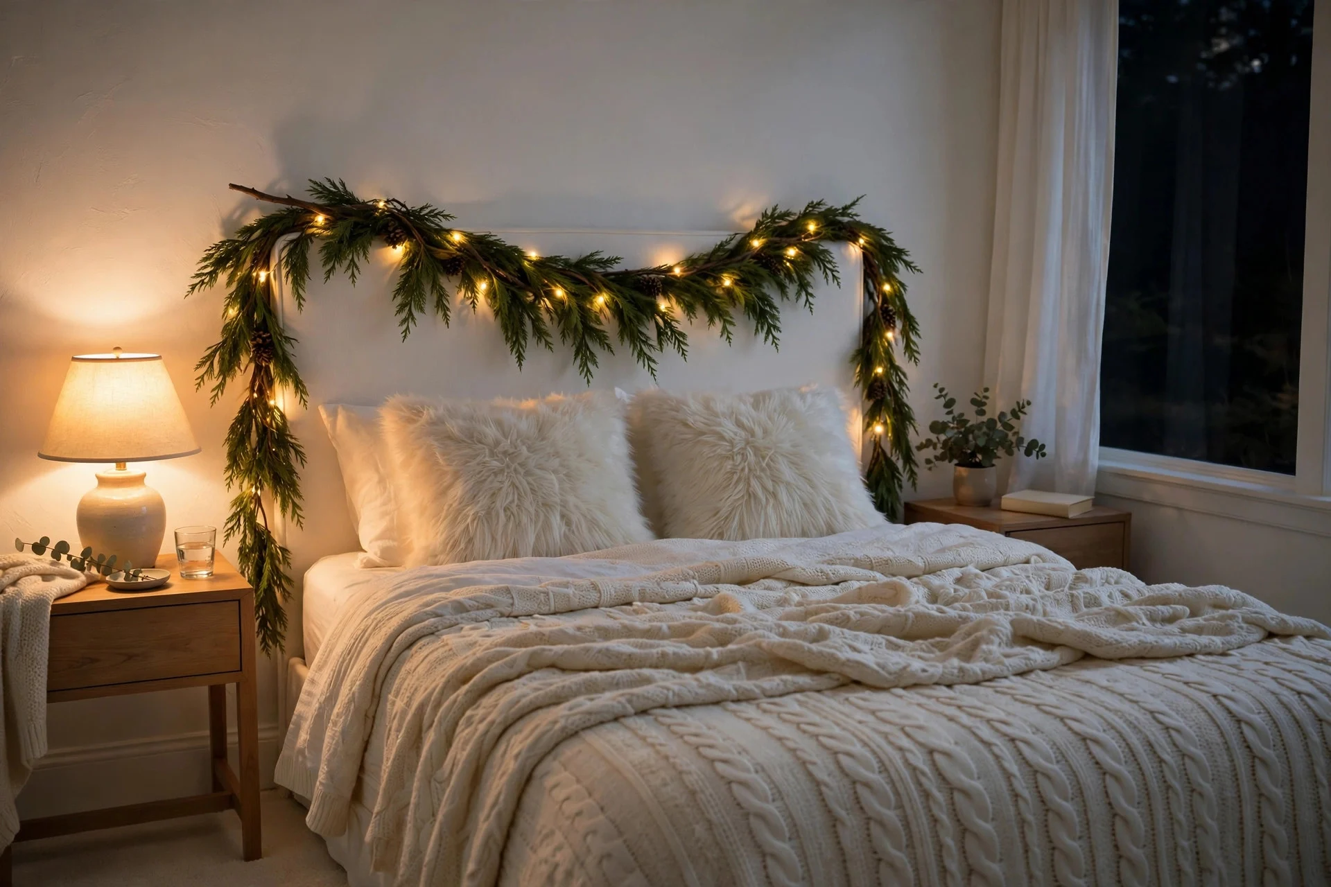White bedroom with a glowing light garland draped over the headboard at night