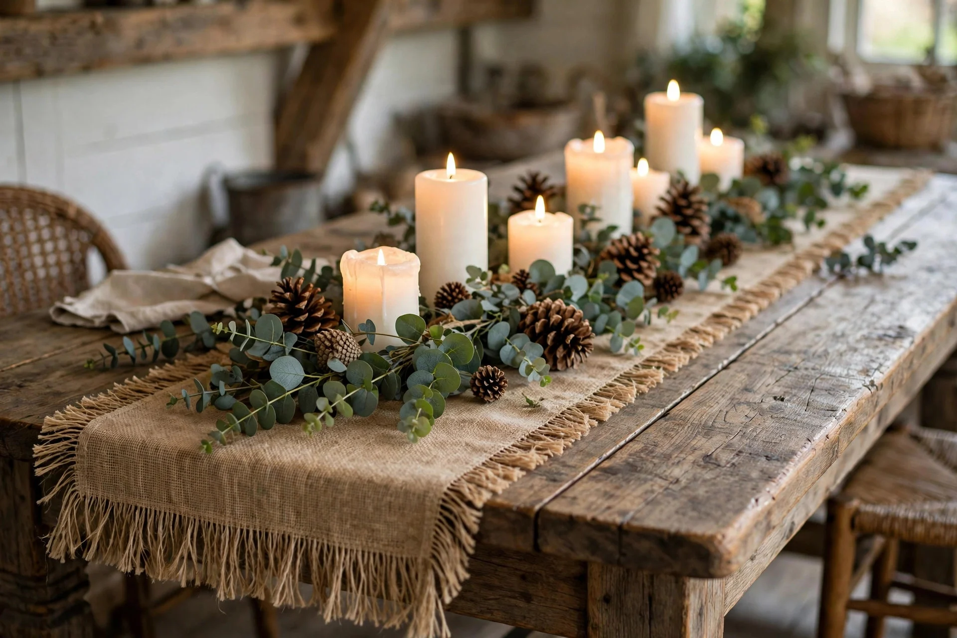 Farmhouse dining table with a burlap runner, pinecones and glowing candles