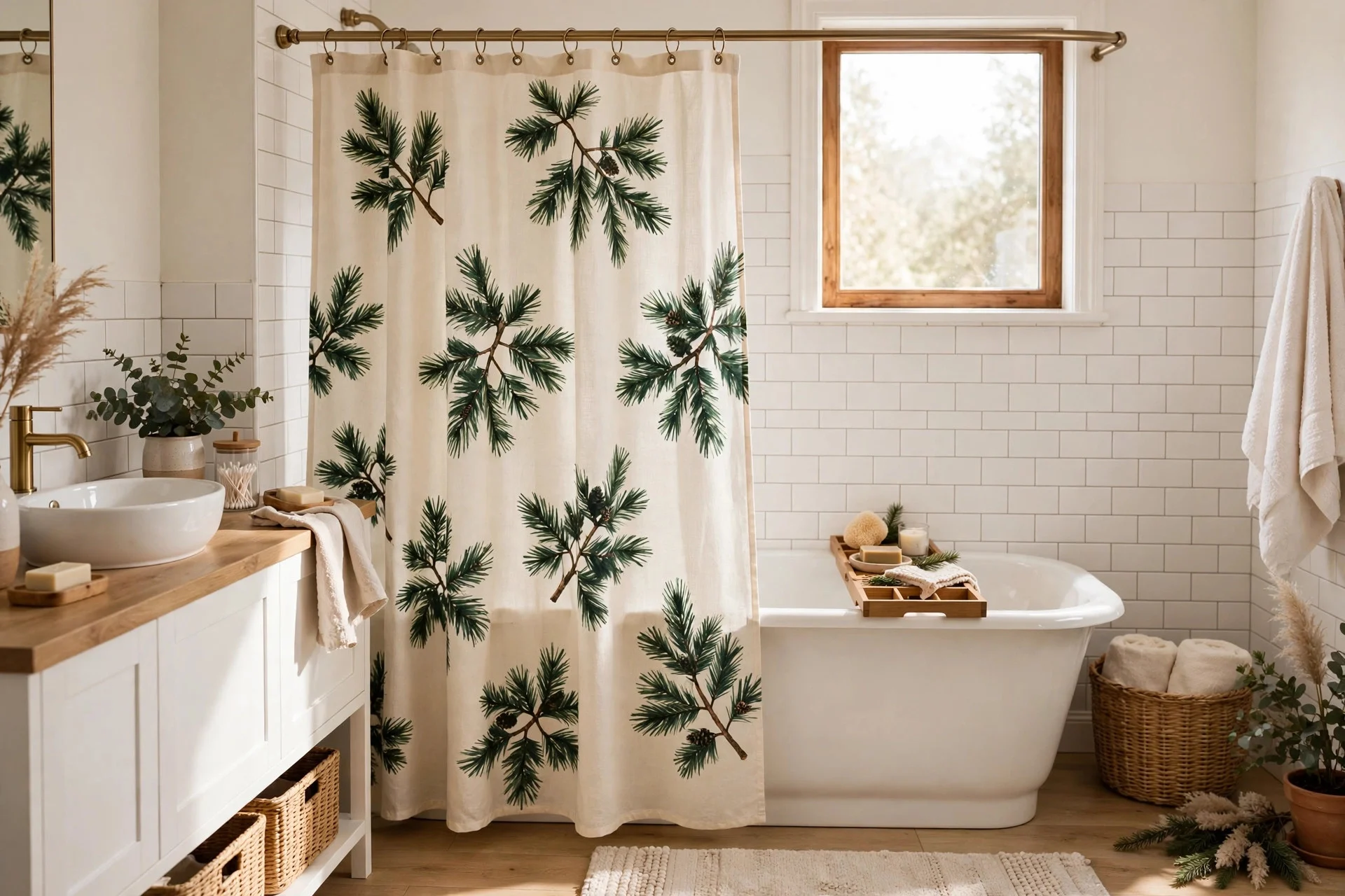 Bathroom with Christmas-themed shower curtain in cream and deep green