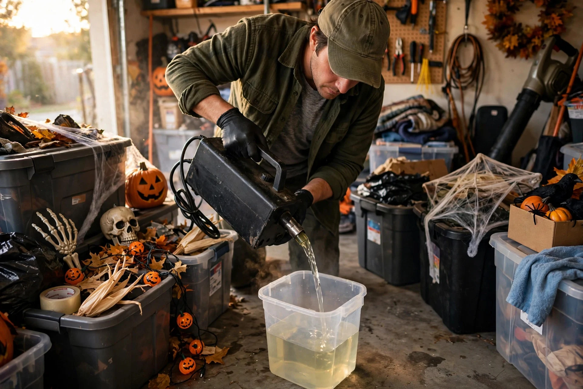 Person draining leftover fluid from a Halloween fog machine into a container