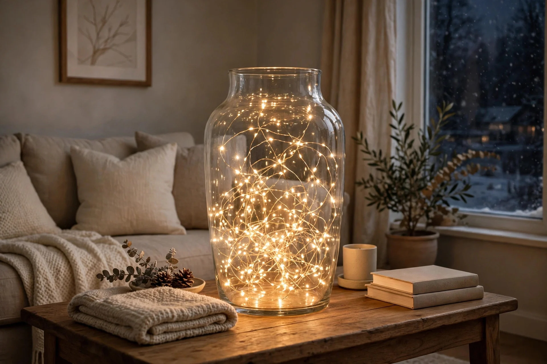Warm white fairy lights glowing in a glass vase on a winter side table