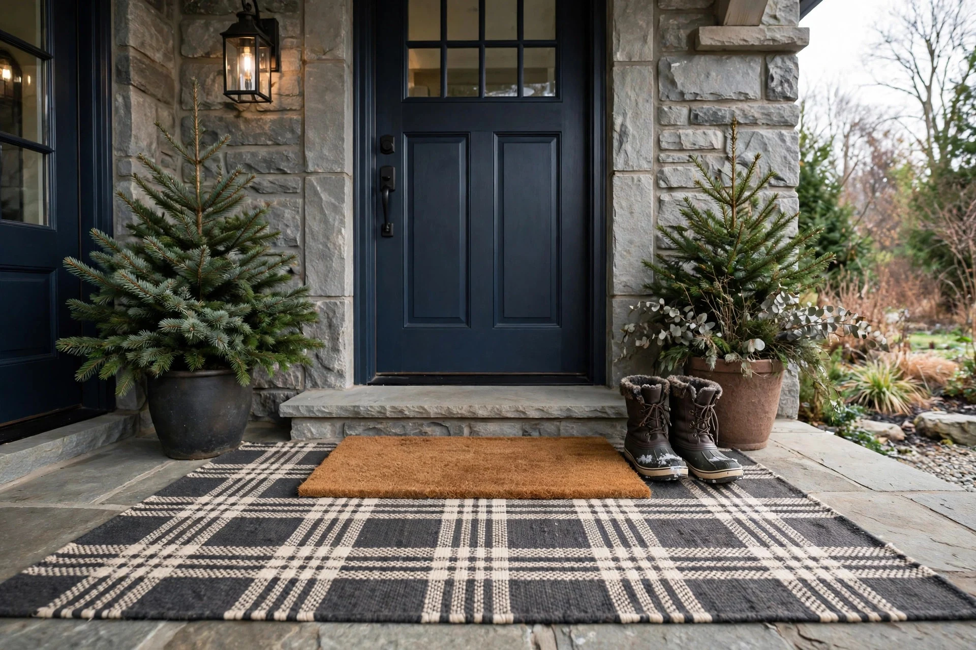 Layered winter entryway with a coir doormat over a plaid outdoor rug in front of a door
