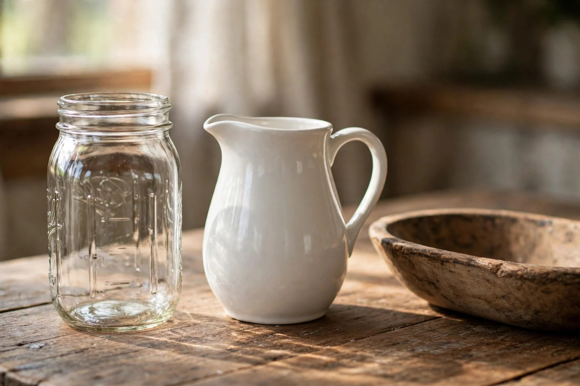 A mason jar, white ceramic pitcher, and low wooden bowl arranged on a farmhouse table