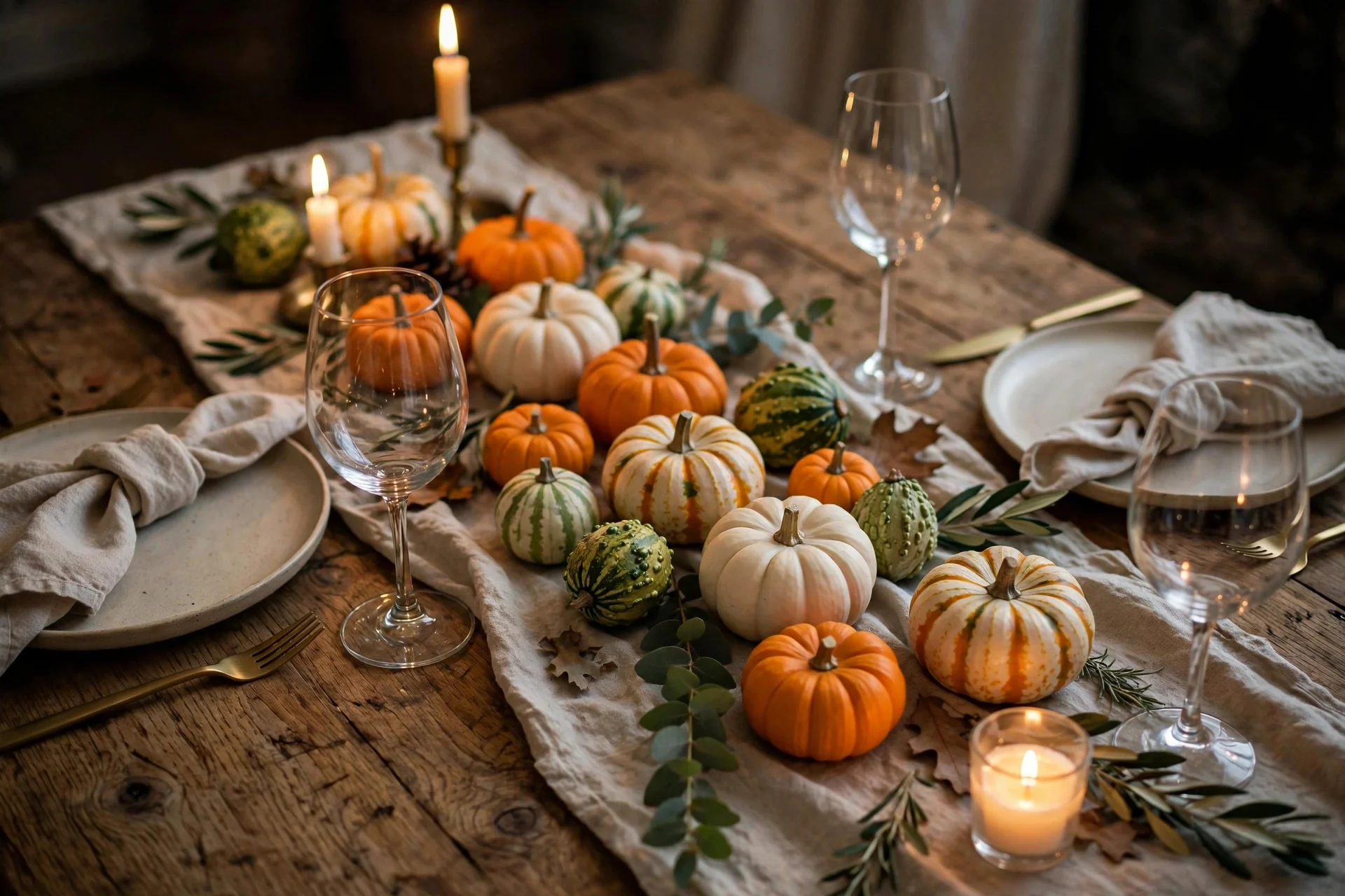 Real mini pumpkins and gourds scattered between plates along a Thanksgiving dinner table