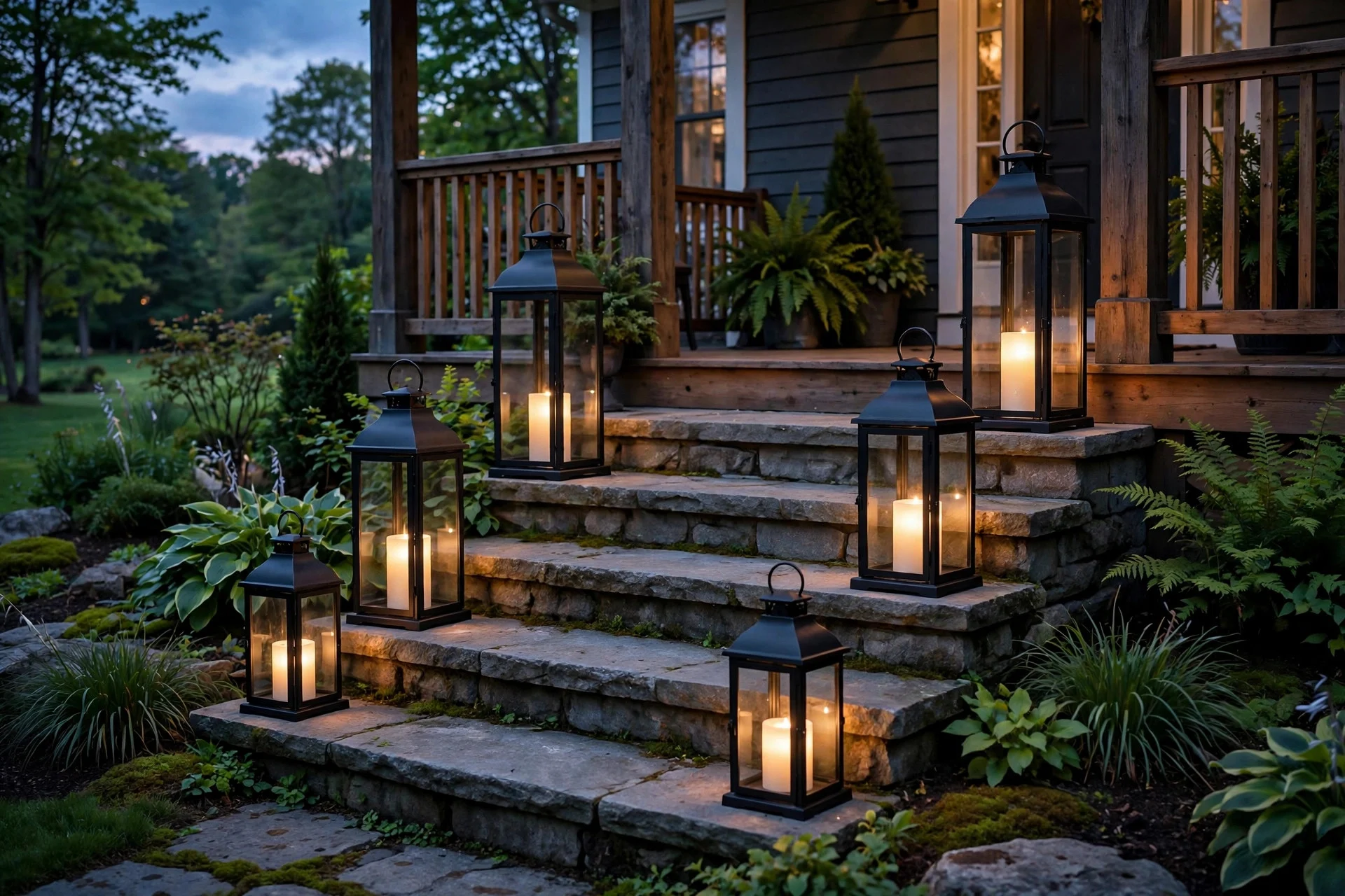 Black metal lanterns of three different heights with glowing LED candles lining front porch steps at dusk