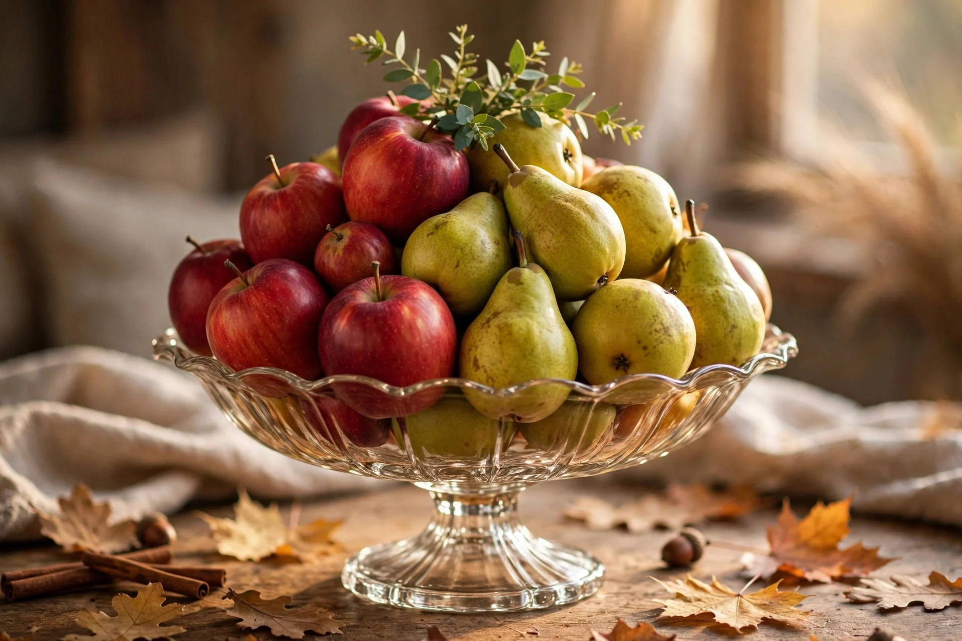 Red apples and green pears piled high in a vintage footed glass compote as a fall centerpiece