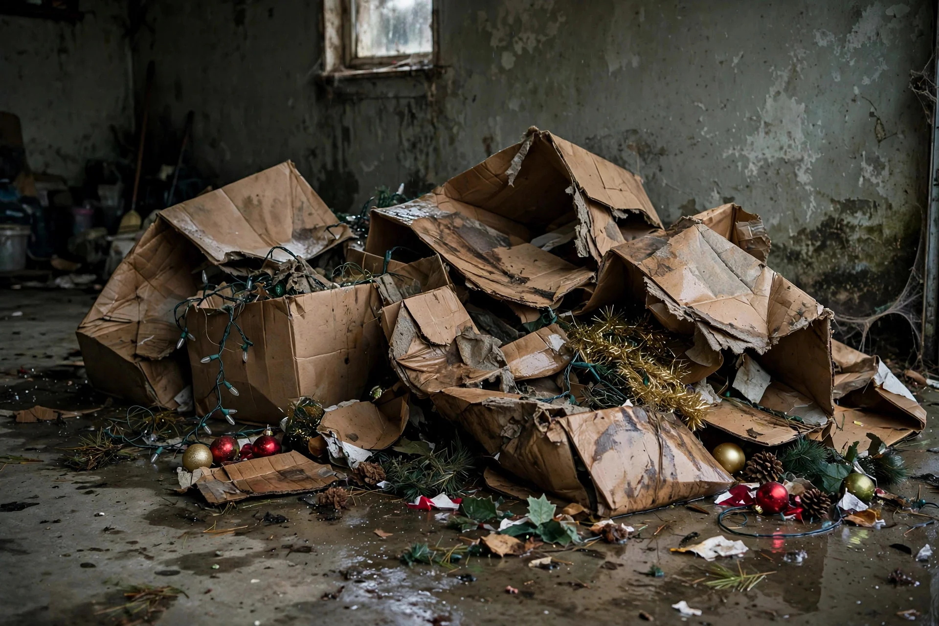 Soggy collapsed cardboard boxes of Christmas decorations in a damp garage