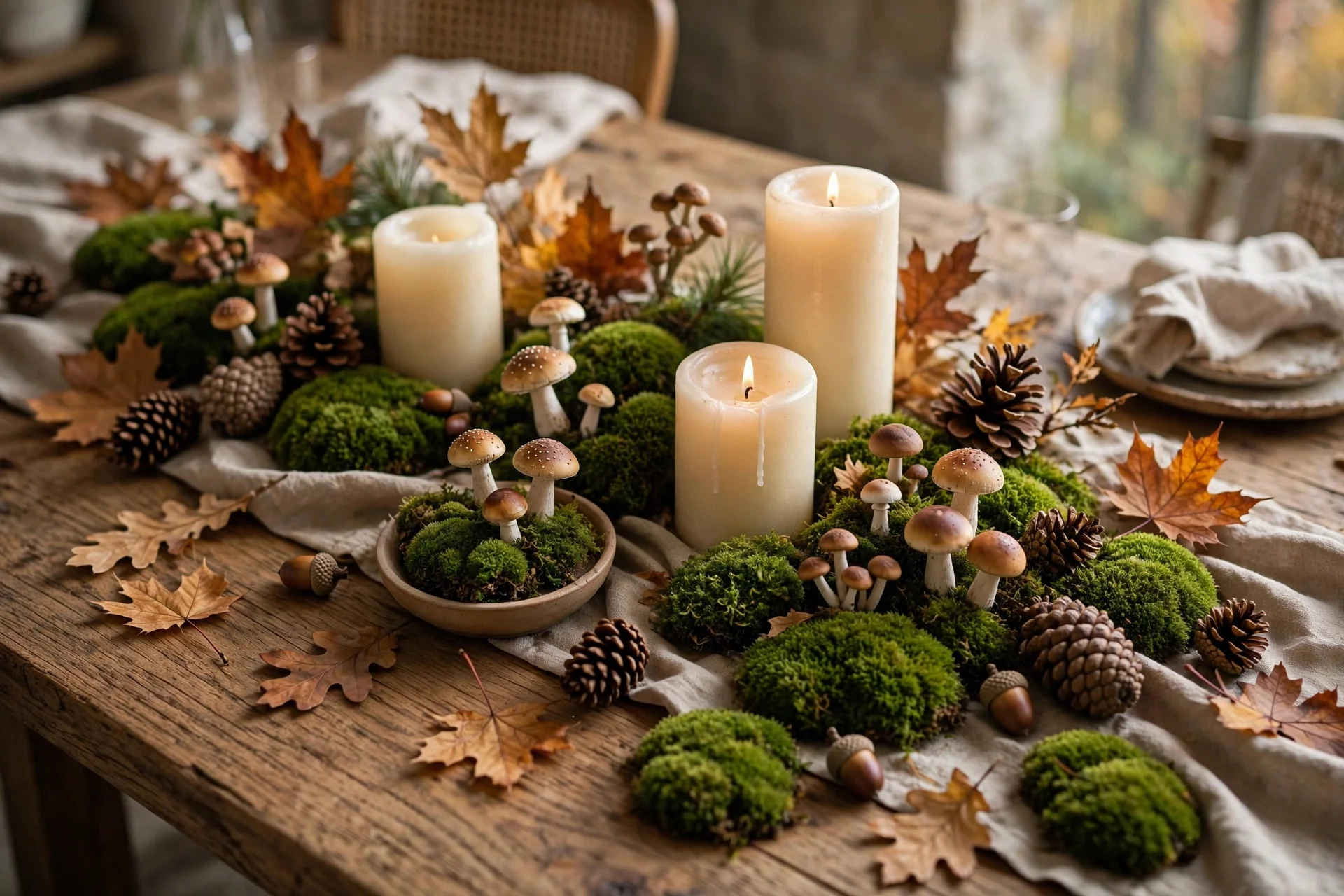 Woodland fall tablescape with moss patches, decorative mushrooms, pinecones and small pillar candles