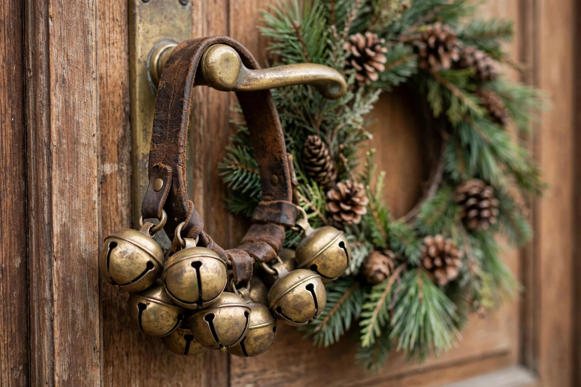 Antique brass sleigh bells on a worn leather strap hanging from a door handle