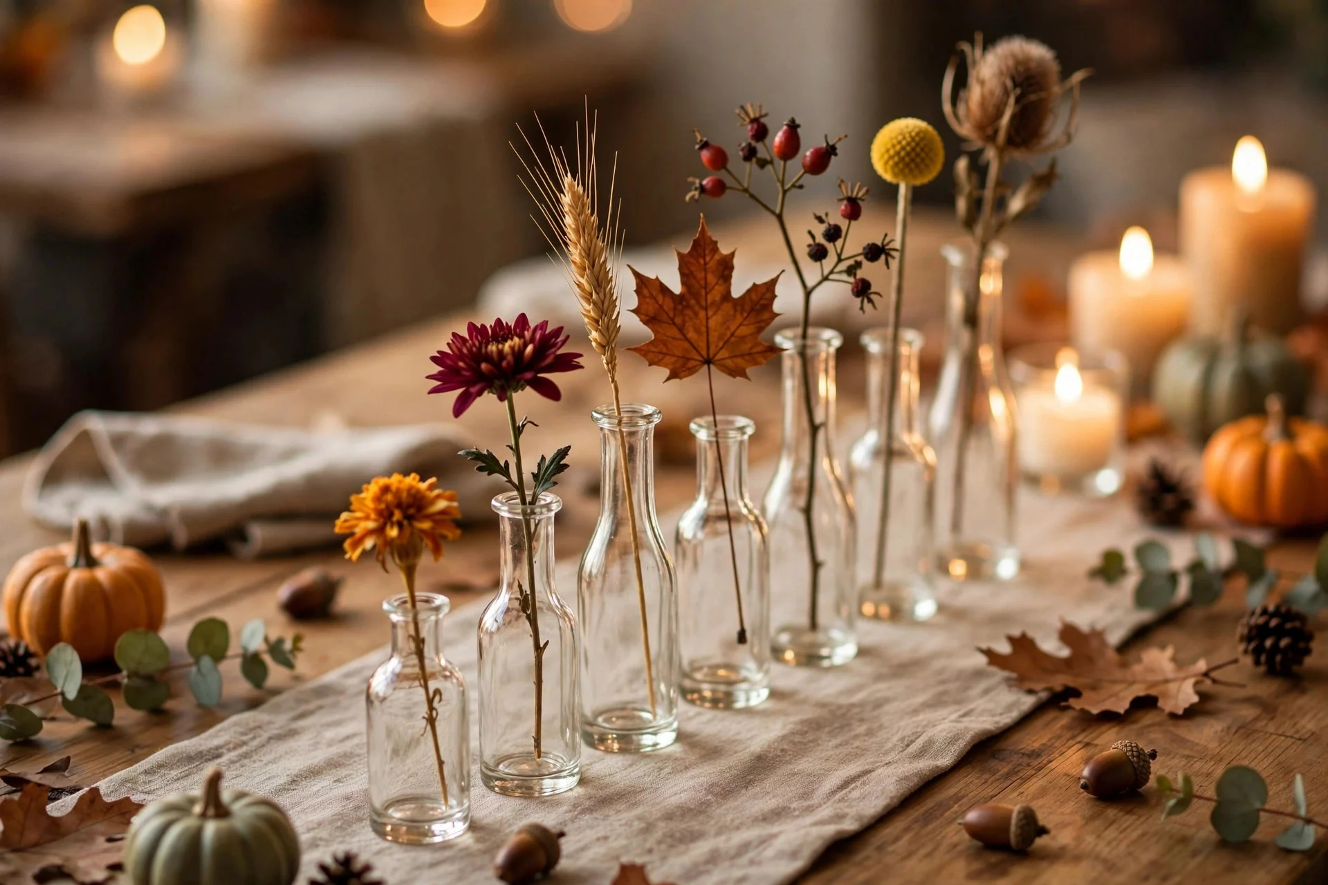 Row of small bud vases each holding a single flower stem down the middle of a Thanksgiving table