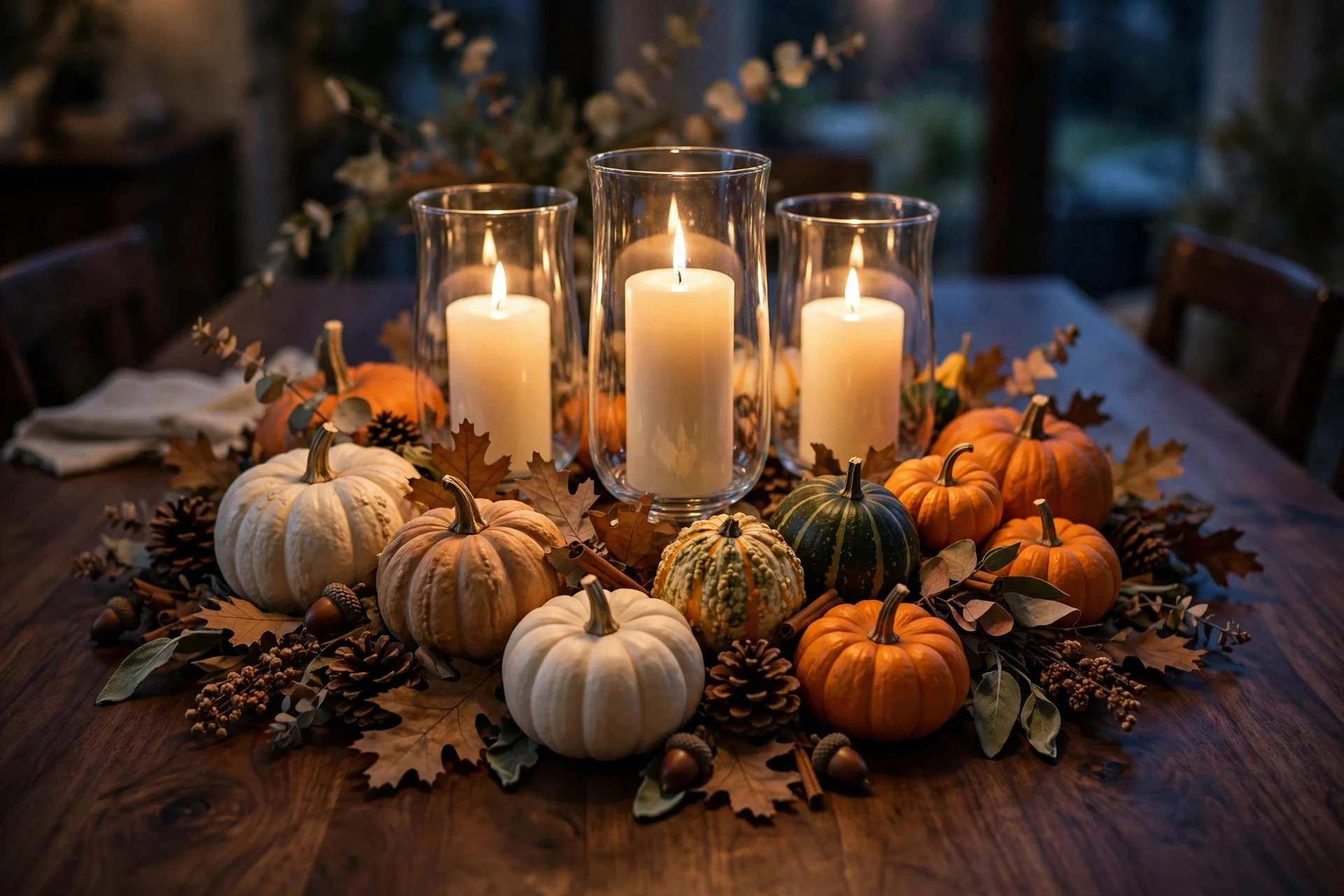 Ring of real white and orange pumpkins around tall ivory pillar candles on a dark dining table