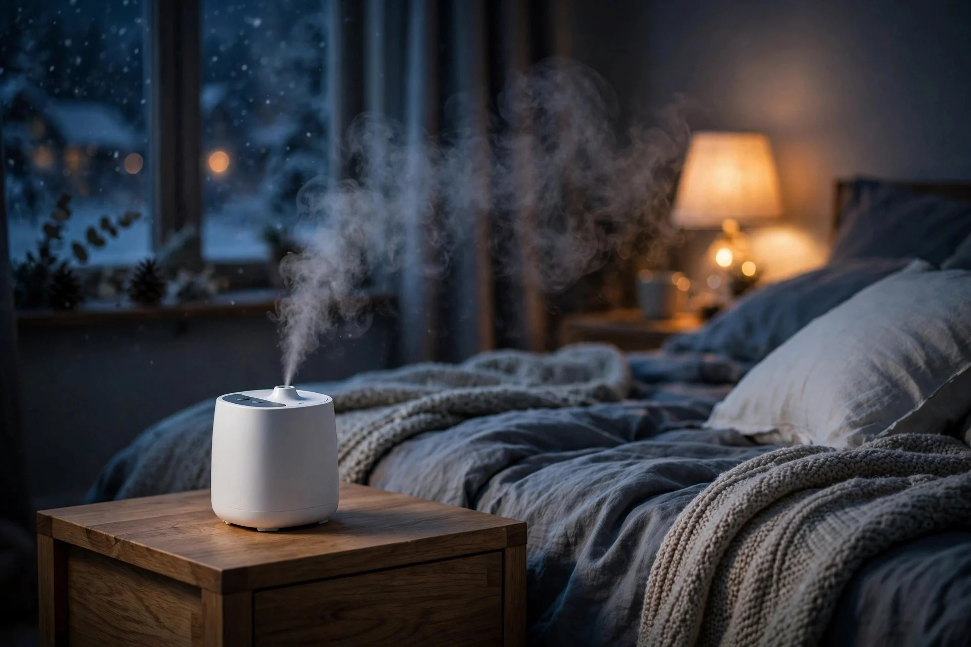 Small cool-mist humidifier releasing vapor on a wooden nightstand at night