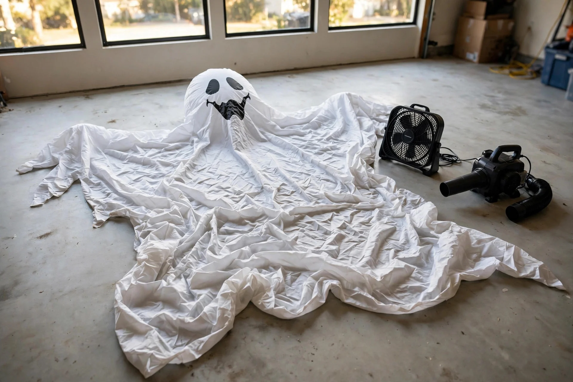 Deflated Halloween inflatable ghost drying on a garage floor with a fan