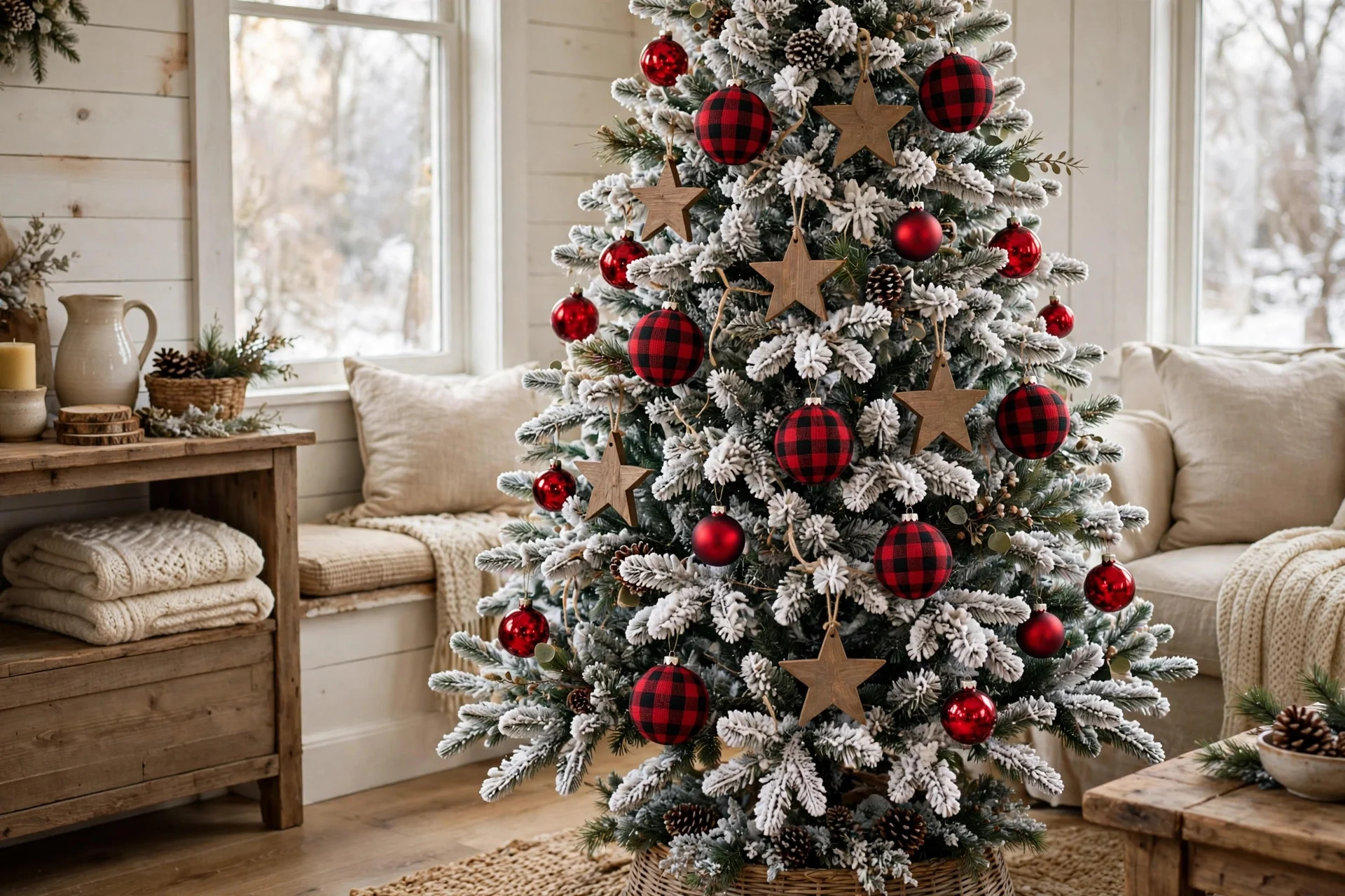 Flocked Christmas tree decorated with buffalo plaid ornaments in a cozy farmhouse living room