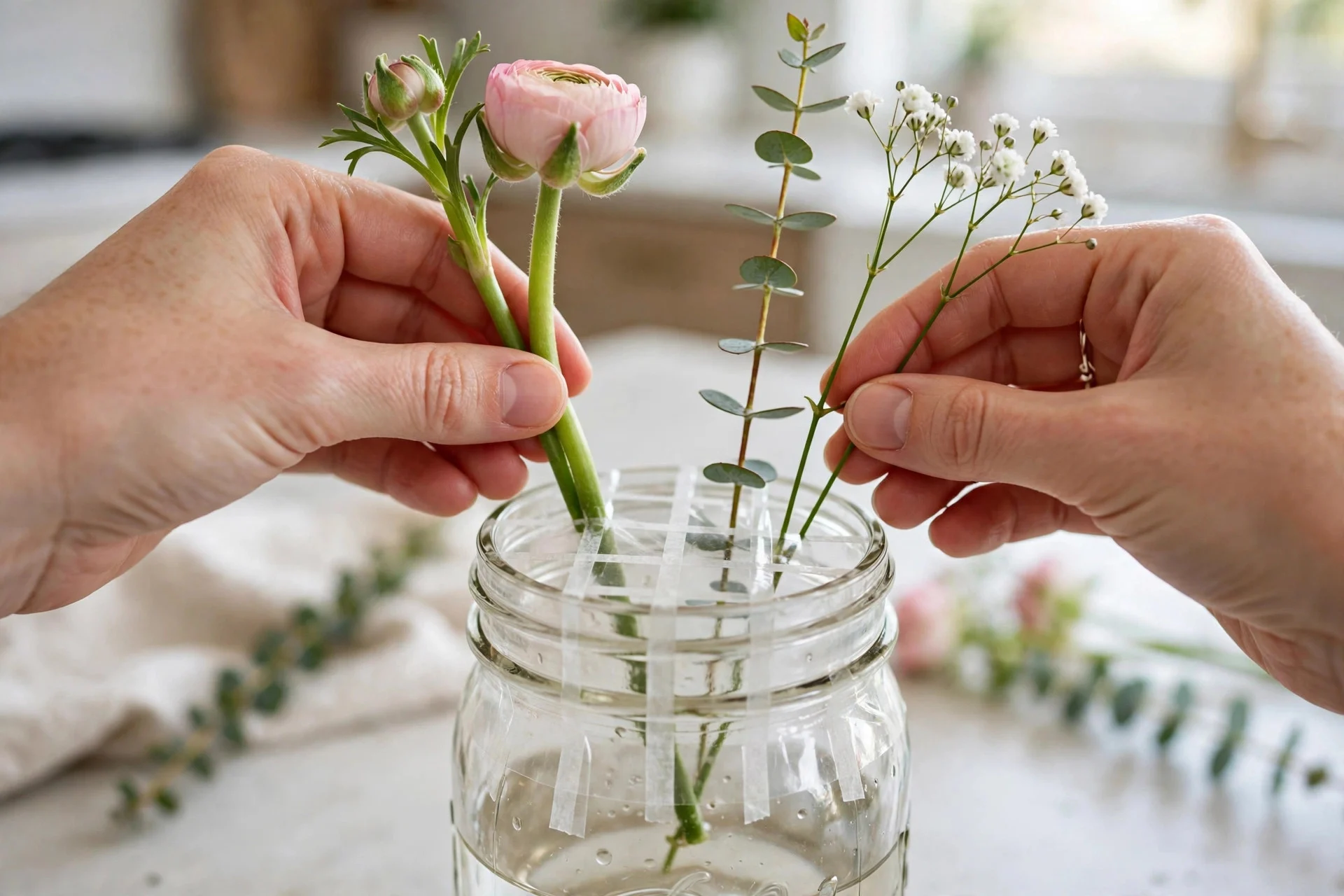 Mason jar mouth with a clear floral tape grid, hands placing the first stems