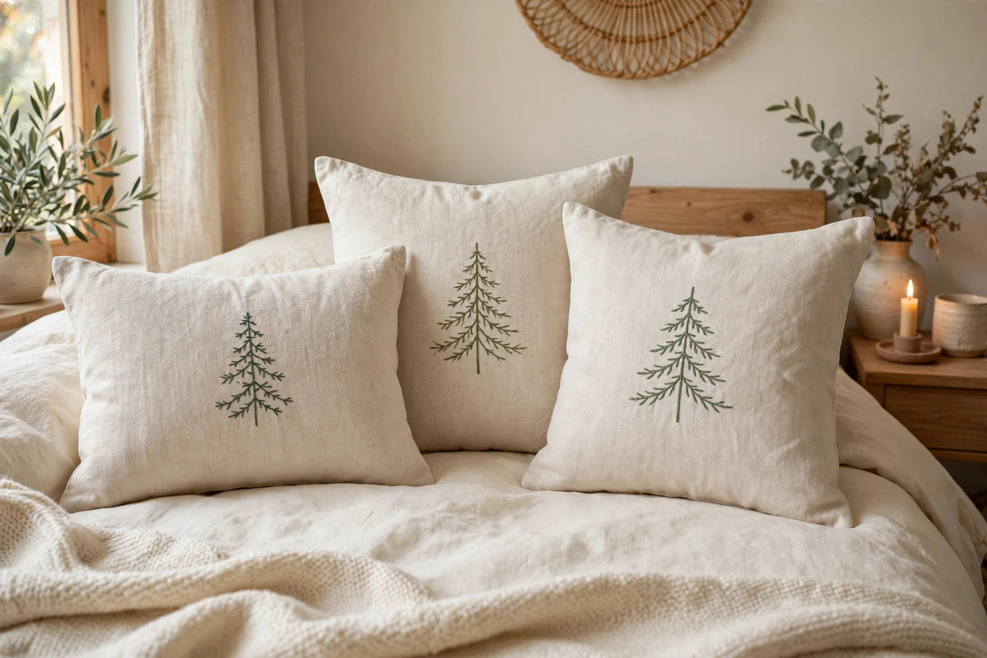 Christmas throw pillows in natural linen with embroidered trees on a bed