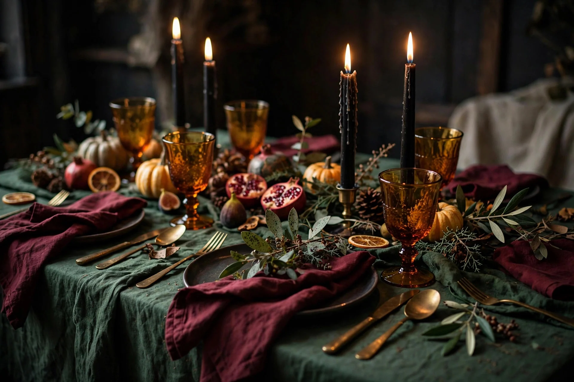 Moody Thanksgiving table with deep green amber and burgundy tones